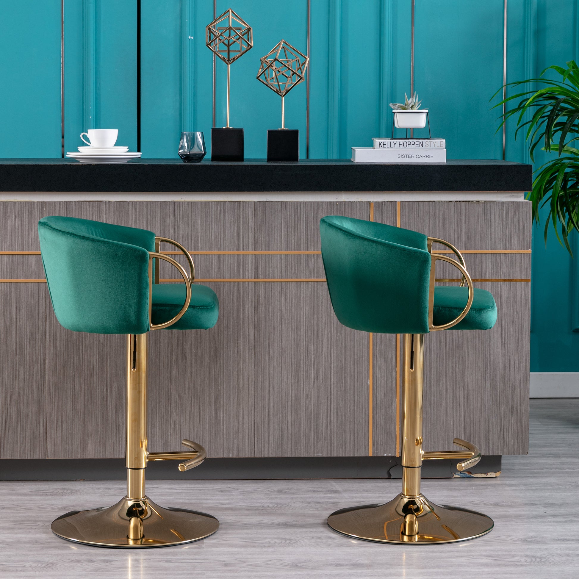 Set Of 2 Bar Stools,With Chrome Footrest And Base Swivel Height Adjustable Mechanical Lifting Velvet Golden Leg Simple Bar Stool Green Green Foam Fabric