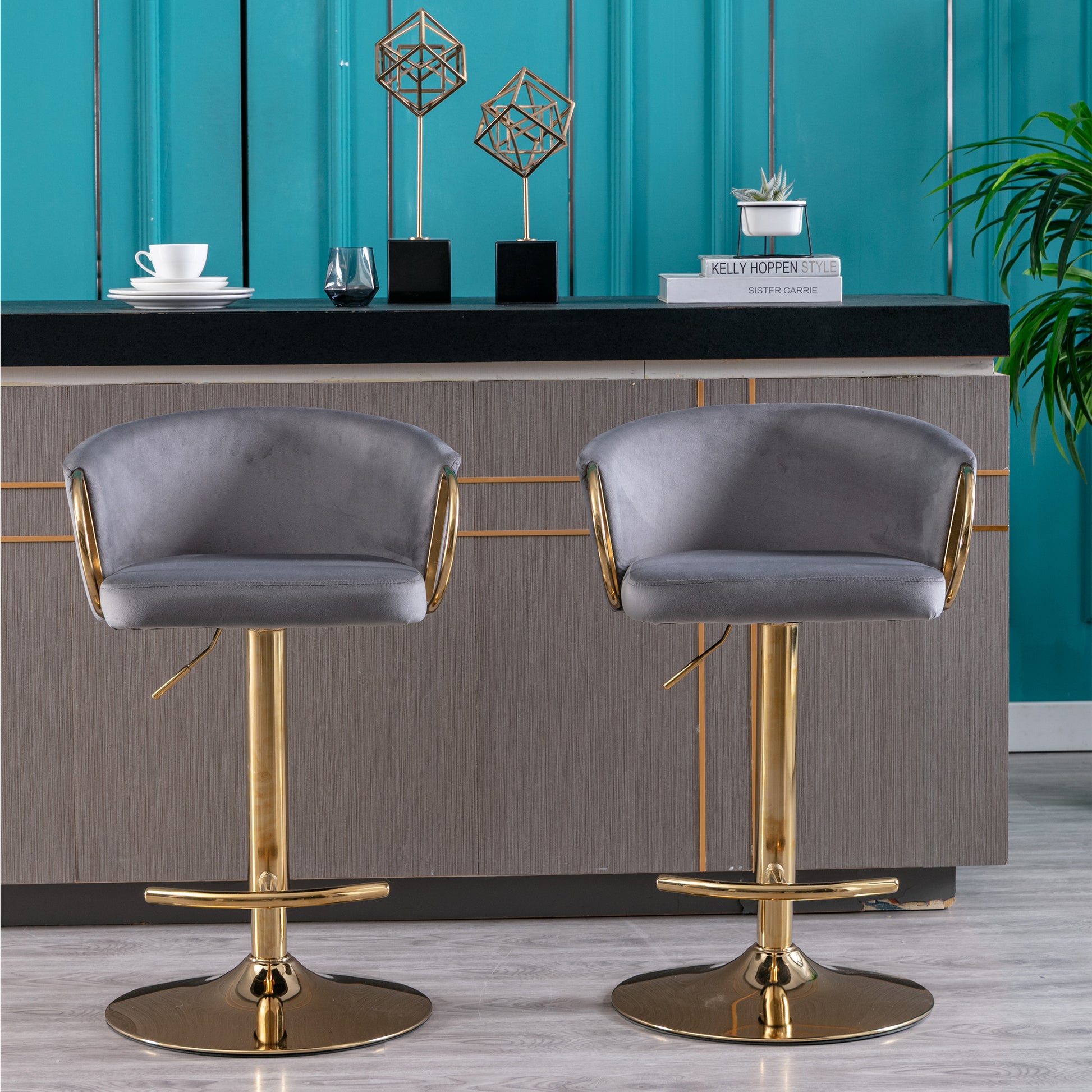 Set Of 2 Bar Stools,With Chrome Footrest And Base Swivel Height Adjustable Mechanical Lifting Velvet Golden Leg Simple Bar Stool Grey Grey Foam Fabric