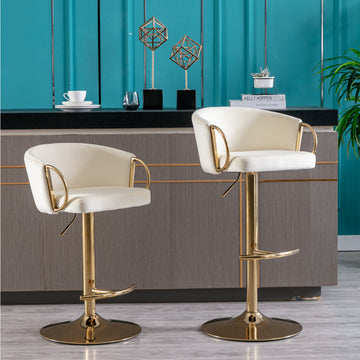 Set Of 2 Bar Stools,With Chrome Footrest And Base Swivel Height Adjustable Mechanical Lifting Velvet Golden Leg Simple Bar Stool Ivory Ivory Foam Fabric