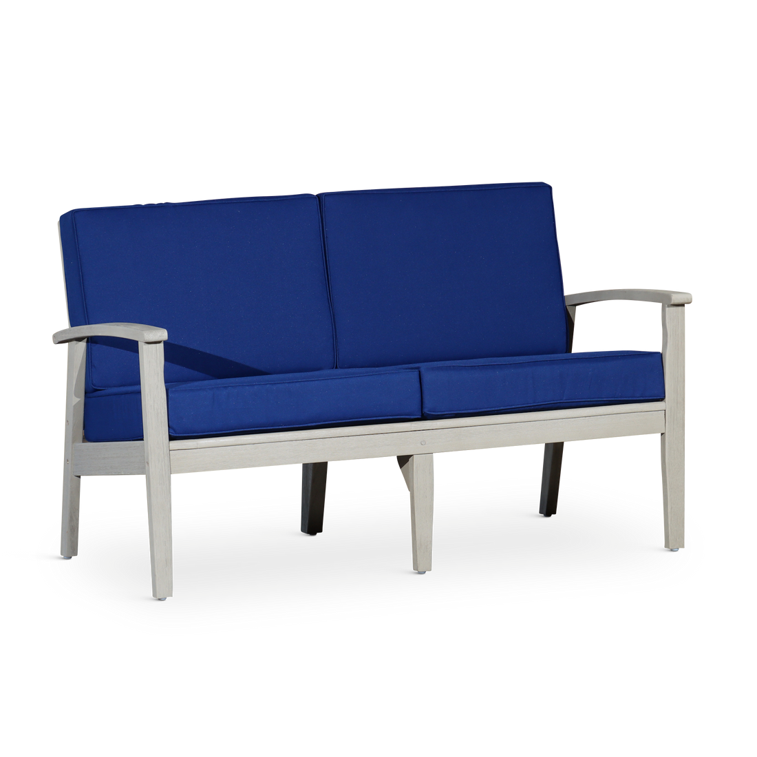 Eucalyptus Loveseat With Cushions, Driftwood Gray Finish, Navy Cushions Gray Eucalyptus