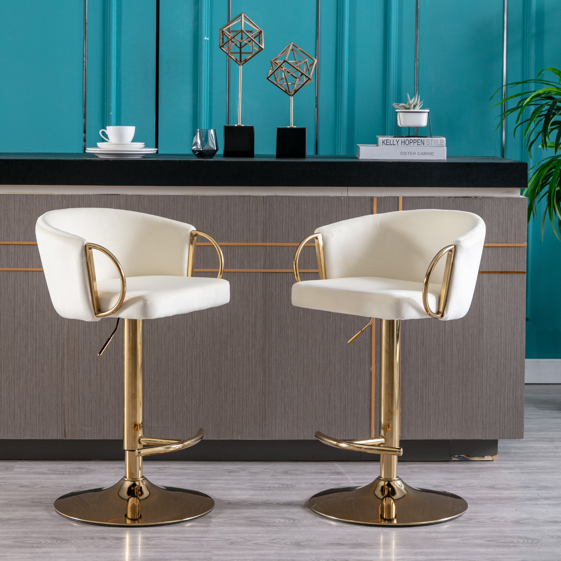 Set Of 2 Bar Stools,With Chrome Footrest And Base Swivel Height Adjustable Mechanical Lifting Velvet Golden Leg Simple Bar Stool Ivory Ivory Foam Fabric