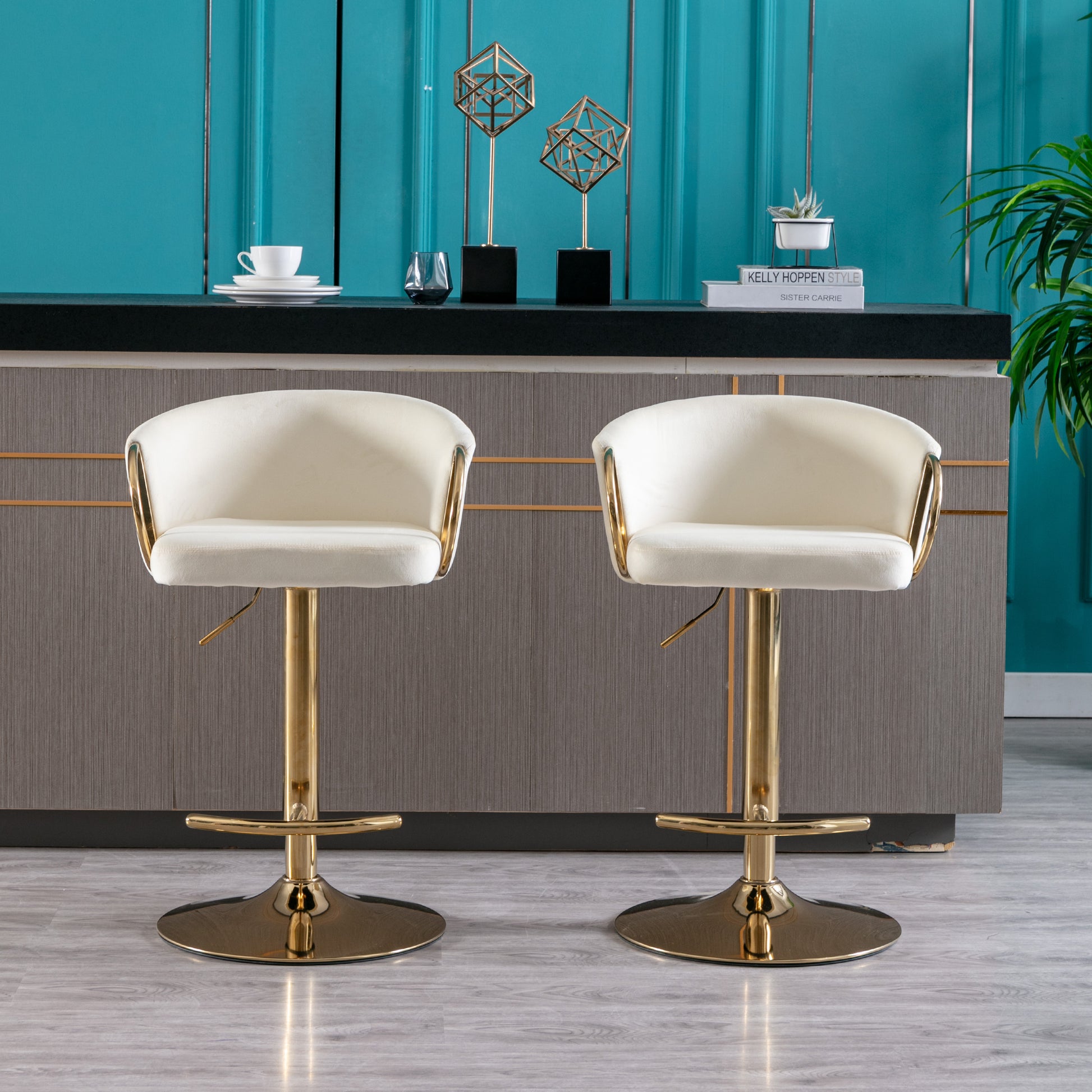 Set Of 2 Bar Stools,With Chrome Footrest And Base Swivel Height Adjustable Mechanical Lifting Velvet Golden Leg Simple Bar Stool Ivory Ivory Foam Fabric