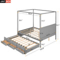 Queen Size Canopy Platform Bed With Twin Size Trundle And Three Storage Drawers,Gray Gray Pine
