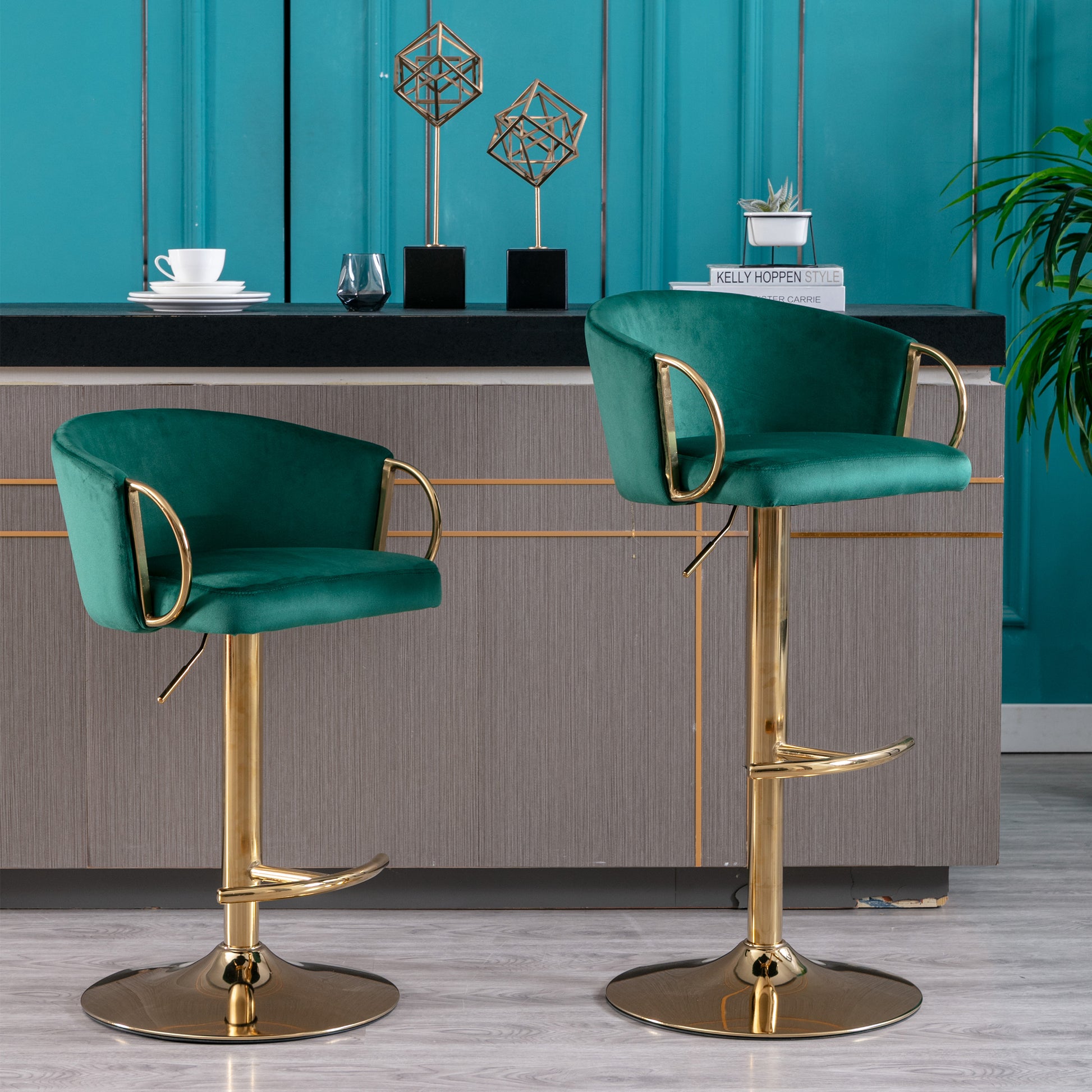 Set Of 2 Bar Stools,With Chrome Footrest And Base Swivel Height Adjustable Mechanical Lifting Velvet Golden Leg Simple Bar Stool Green Green Foam Fabric