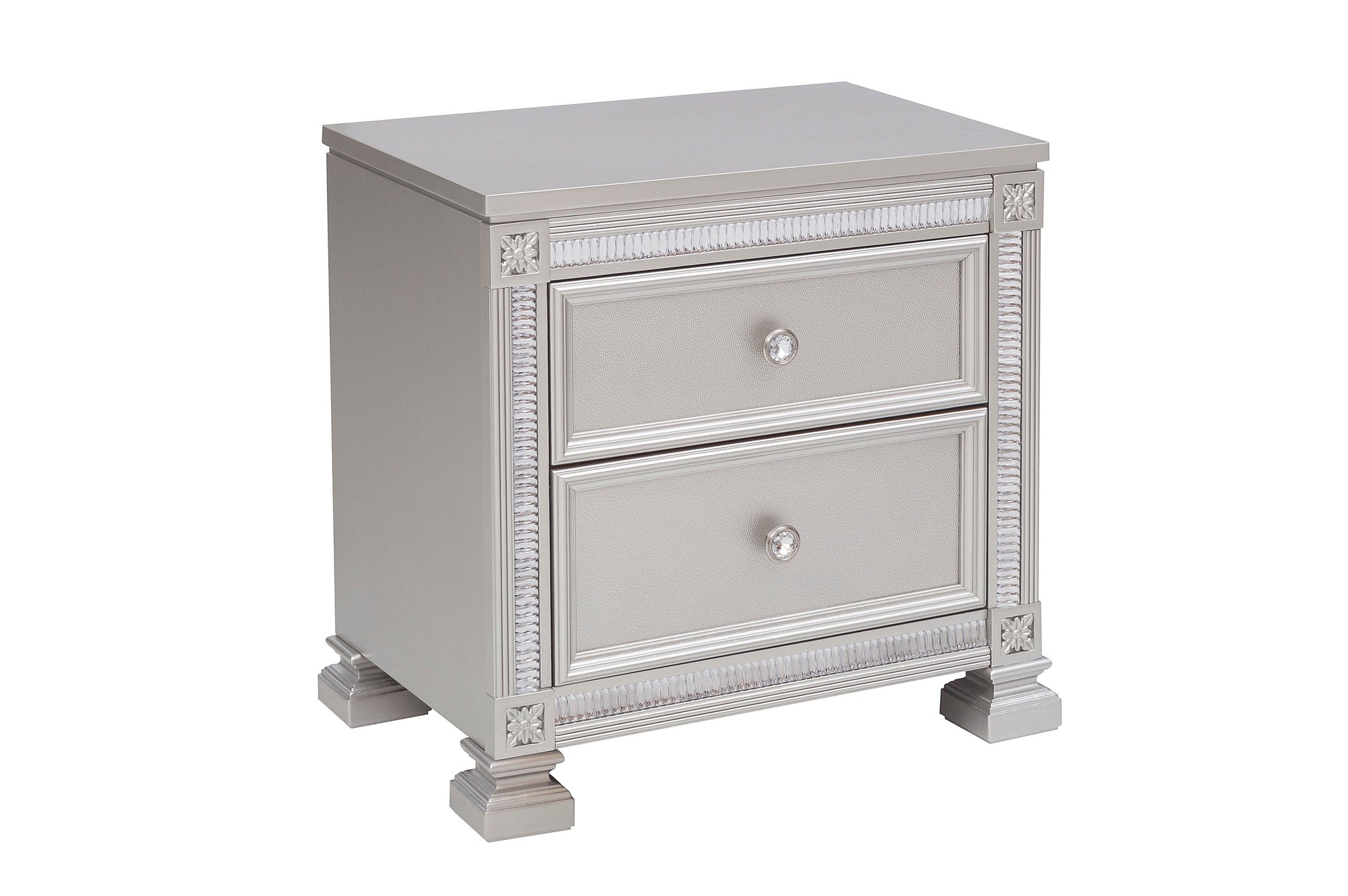 Glamorous Modern Design 1Pc Nightstand Of 2X Drawers Faux Crystal Knobs Silver Finish Furniture Silver 2 Drawers Bedroom Glam,Modern Wood