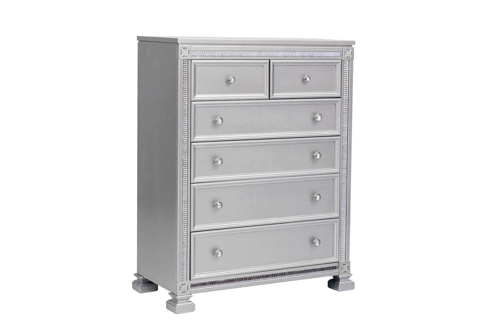 Glamorous Modern Design 1Pc Chest Of 6X Storage Drawers Faux Crystals Knobs Silver Finish Bedroom Furniture Silver Bedroom Glam,Modern Wood