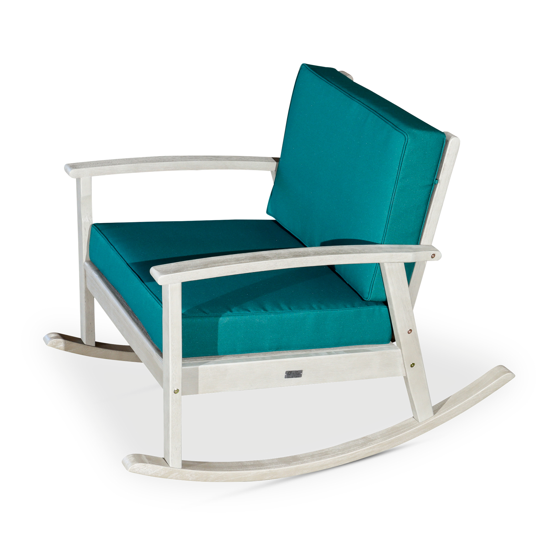 Eucalyptus Rocking Chair With Cushions, Driftwood Gray Finish, Dark Green Cushions Gray Eucalyptus