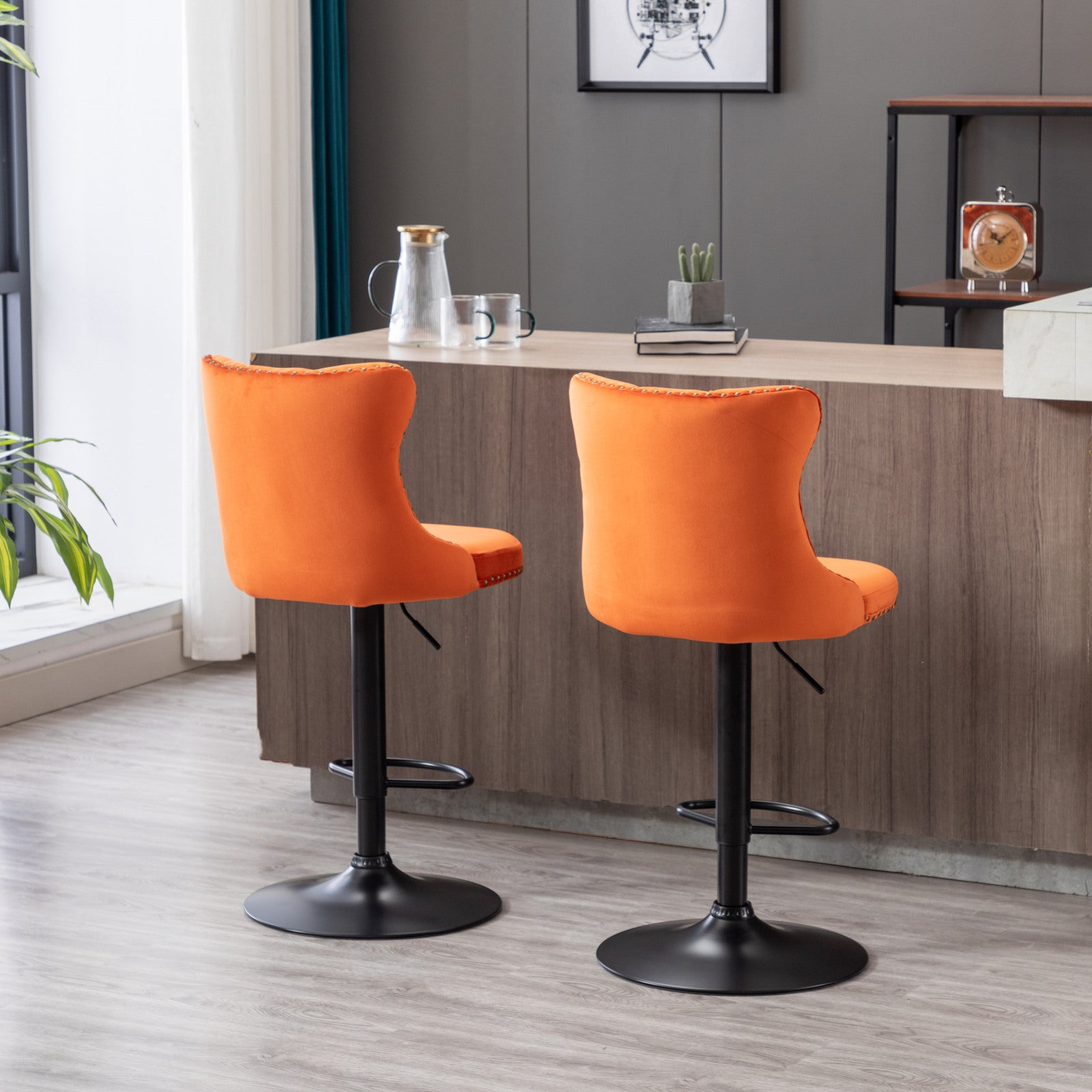 Swivel Velvet Barstools Adjusatble Seat Height From 25 33 Inch,17.7Inch Base, Modern Upholstered Bar Stools With Backs Comfortable Tufted For Home Pub And Kitchen Island,Orange,Set Of 2 Orange Dining Room American Design Foam Velvet