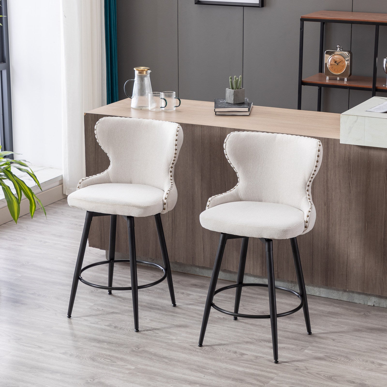 Counter Height 25" Modern Linen Fabric Bar Chairs,180 Swivel Bar Stool Chair For Kitchen,Tufted Cupreous Trim Burlap Bar Stools With Metal Legs,Set Of 2 Beige Beige Foam Fabric