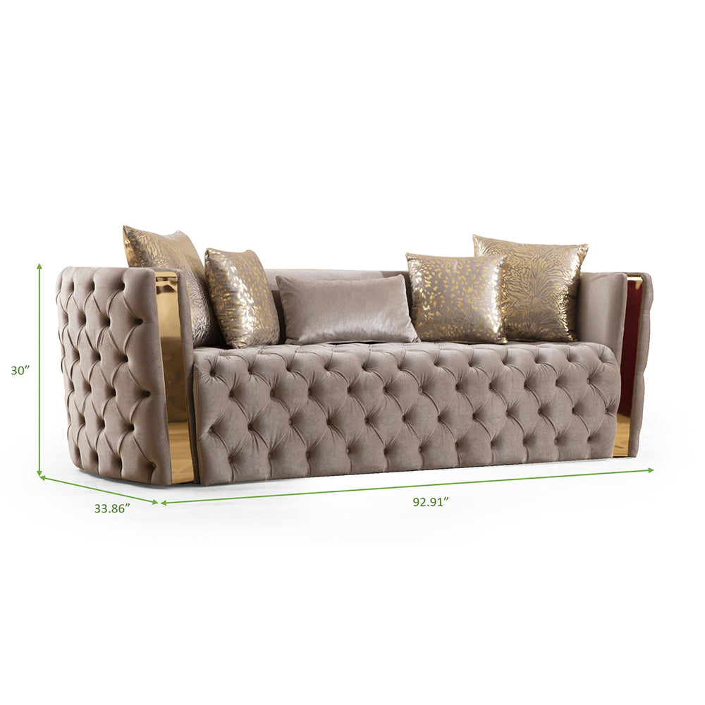 Naomi Button Tufted Sofa With Velvet Fabric And Gold Accent In Taupe Taupe Velvet Wood Primary Living Space Firm Tufted Back Contemporary,Modern Solid Wood Mdf Velvet 3 Seat