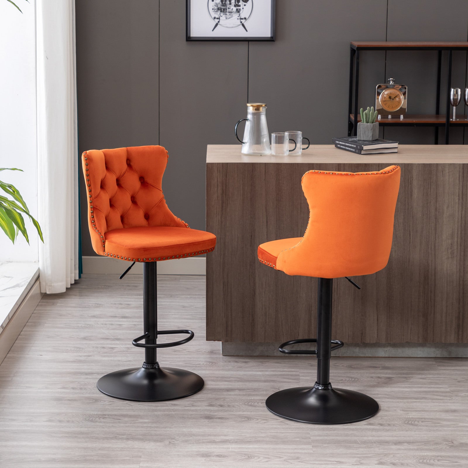 Swivel Velvet Barstools Adjusatble Seat Height From 25 33 Inch,17.7Inch Base, Modern Upholstered Bar Stools With Backs Comfortable Tufted For Home Pub And Kitchen Island,Orange,Set Of 2 Orange Dining Room American Design Foam Velvet