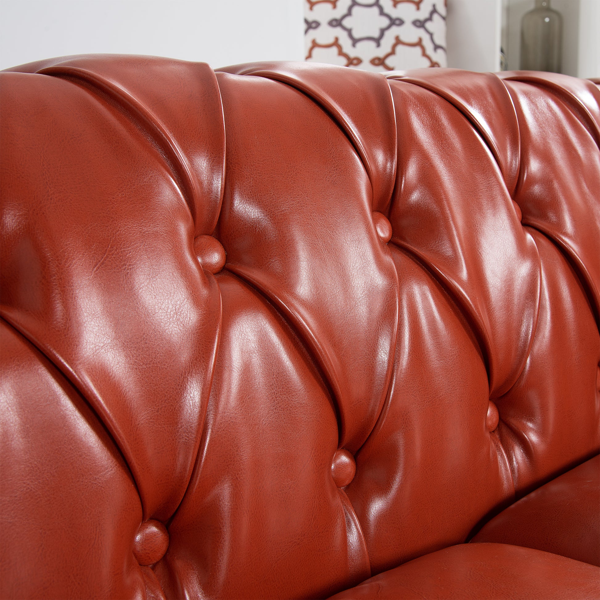 84.65" Rolled Arm Chesterfield 3 Seater Sofa Orange Pu