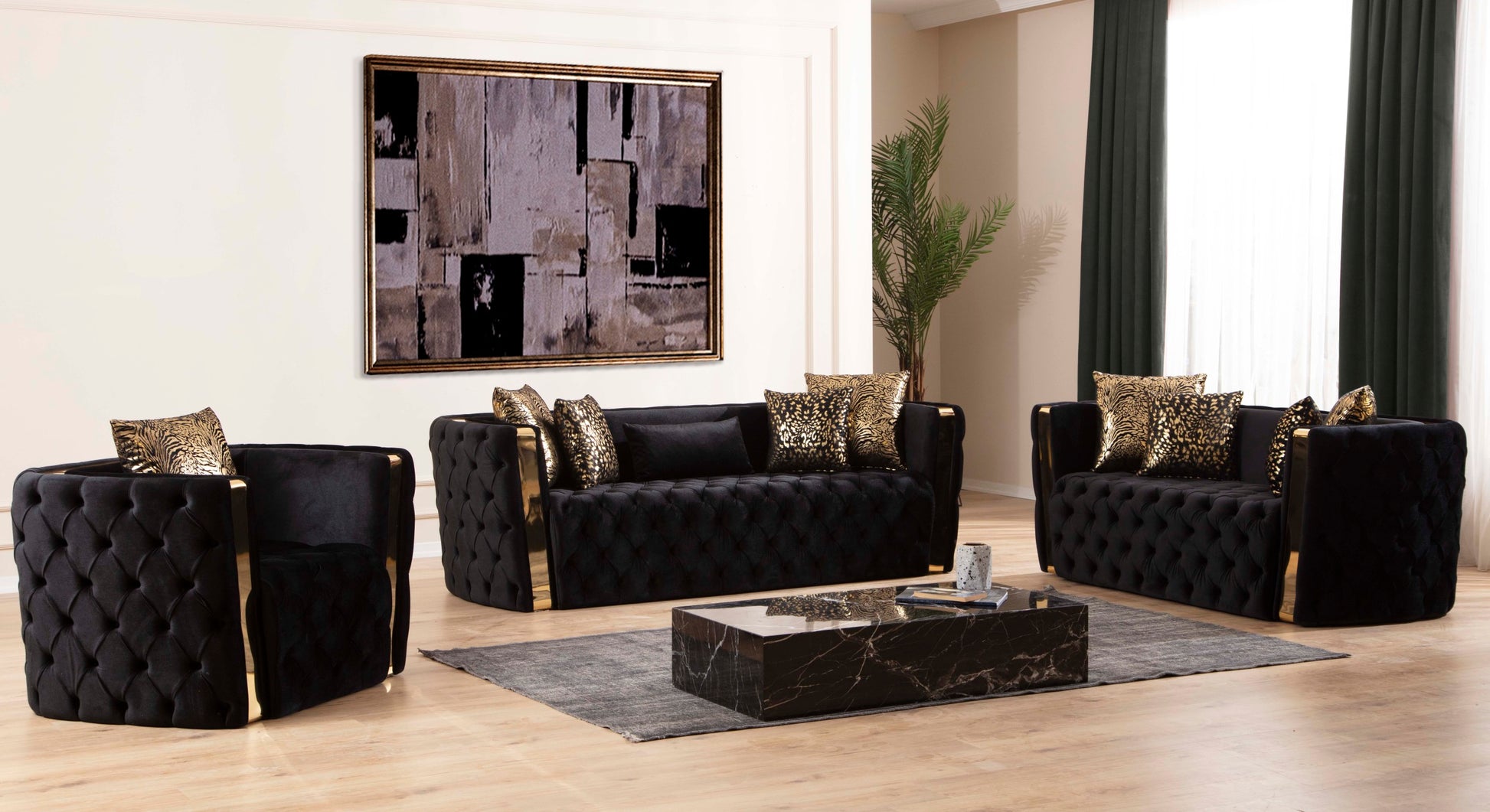 Naomi Button Tufted Loveseat With Velvet Fabric And Gold Accent In Black Black Velvet Wood Bedroom Firm Tight Back Contemporary,Modern Solid Wood Mdf Velvet