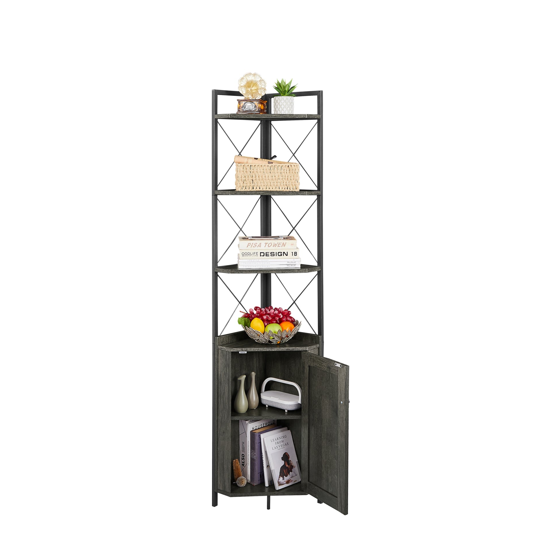 Corner Shelf 5 Tier With Storage Corner Cabinet -