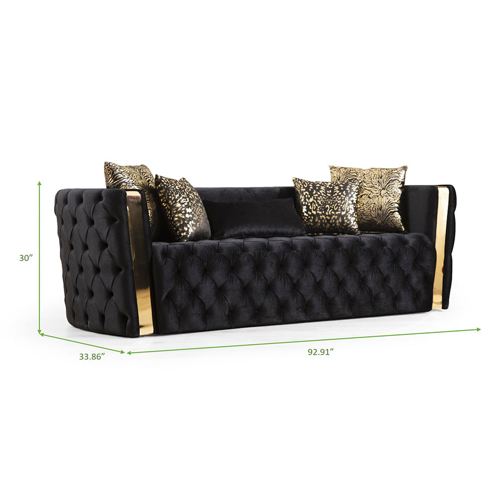 Naomi Button Tufted Sofa Finished With Velvet Fabric And Gold Accent In Black Black Velvet Wood Primary Living Space Firm Tight Back Contemporary,Modern Solid Wood Mdf Velvet 3 Seat