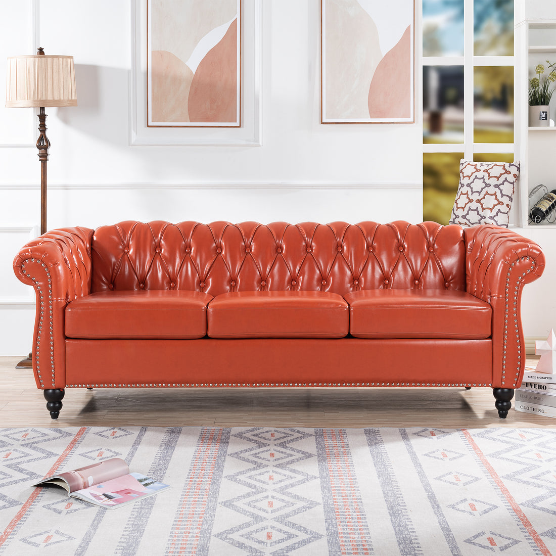 84.65" Rolled Arm Chesterfield 3 Seater Sofa Orange Pu