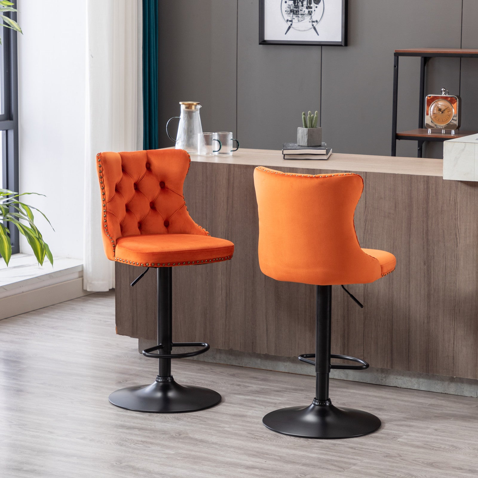 Swivel Velvet Barstools Adjusatble Seat Height From 25 33 Inch,17.7Inch Base, Modern Upholstered Bar Stools With Backs Comfortable Tufted For Home Pub And Kitchen Island,Orange,Set Of 2 Orange Dining Room American Design Foam Velvet