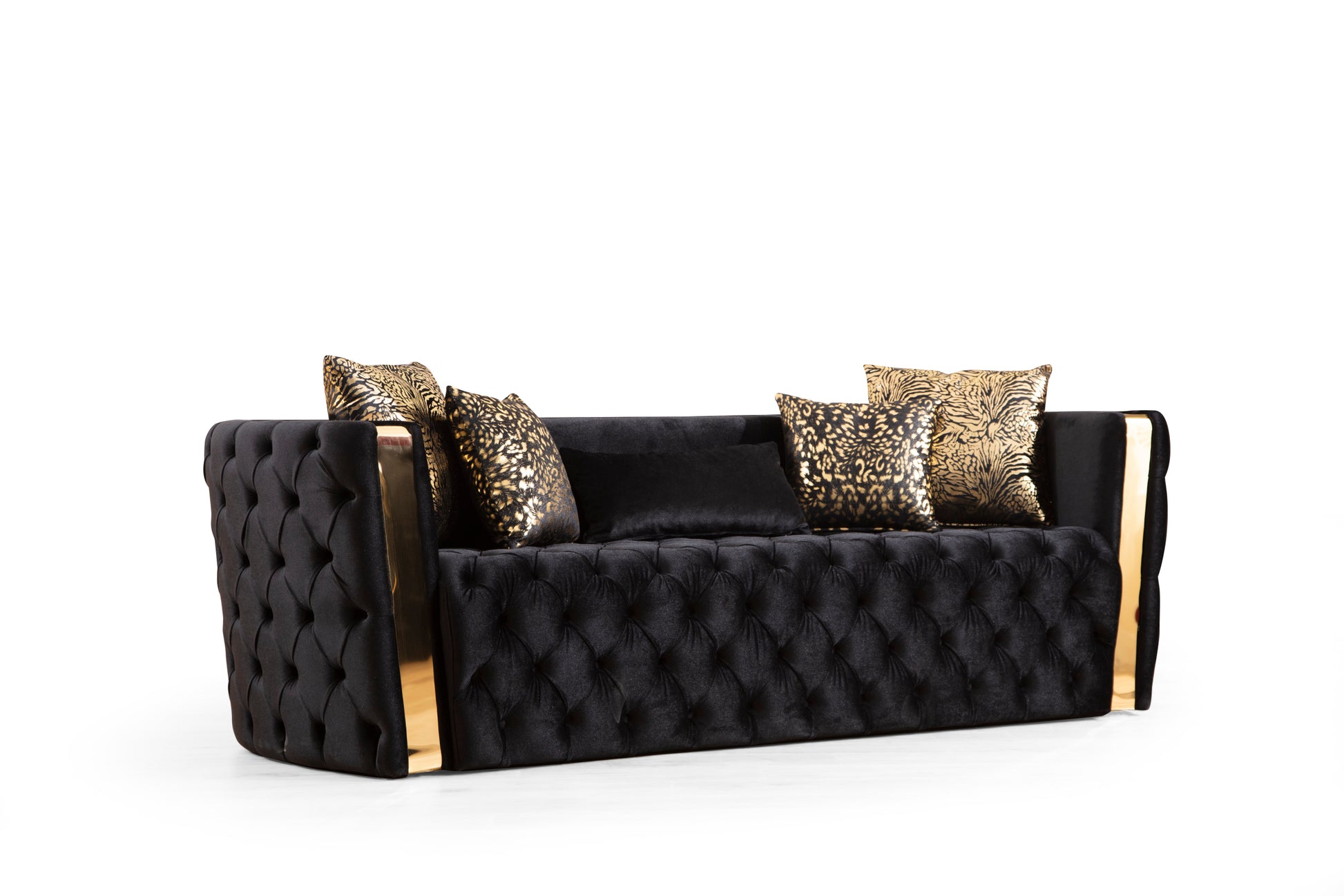 Naomi Button Tufted Sofa Finished With Velvet Fabric And Gold Accent In Black Black Velvet Wood Primary Living Space Firm Tight Back Contemporary,Modern Solid Wood Mdf Velvet 3 Seat