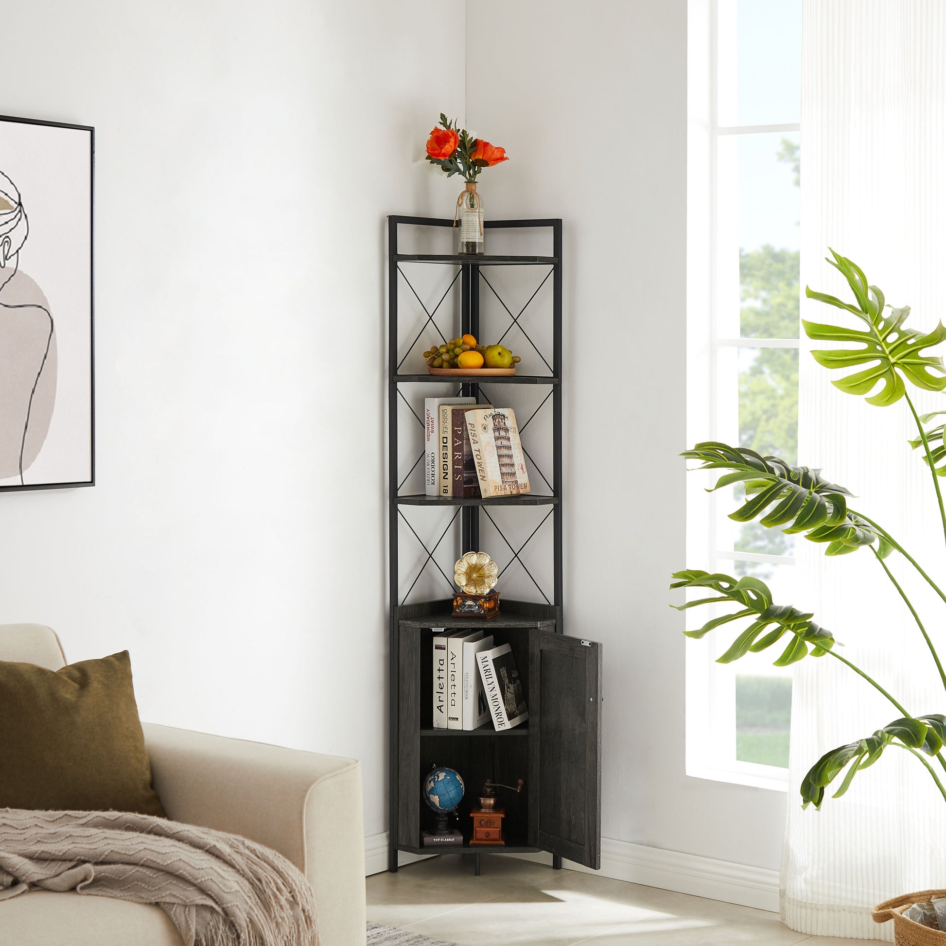 Corner Shelf 5 Tier With Storage Corner Cabinet -