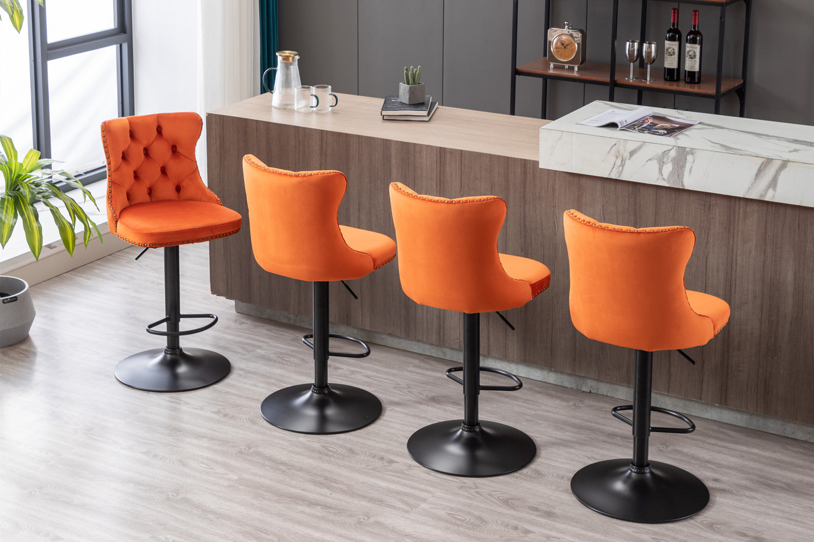 Swivel Velvet Barstools Adjusatble Seat Height From 25 33 Inch,17.7Inch Base, Modern Upholstered Bar Stools With Backs Comfortable Tufted For Home Pub And Kitchen Island,Orange,Set Of 2 Orange Dining Room American Design Foam Velvet