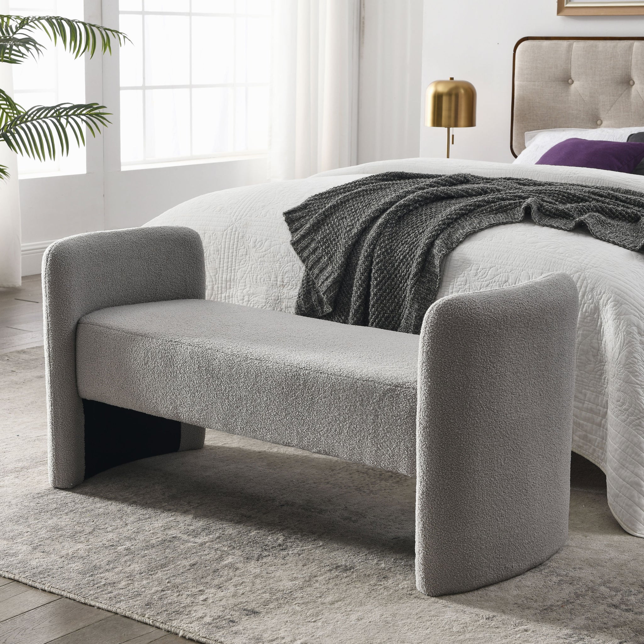 Welike 52" Bench For Bedroom End Of Bed Modern Contemporary Design Ottoman Couch Long Bench Window Sitting Fireplace Bench, Teddy Grey Teddy Foam Polyester