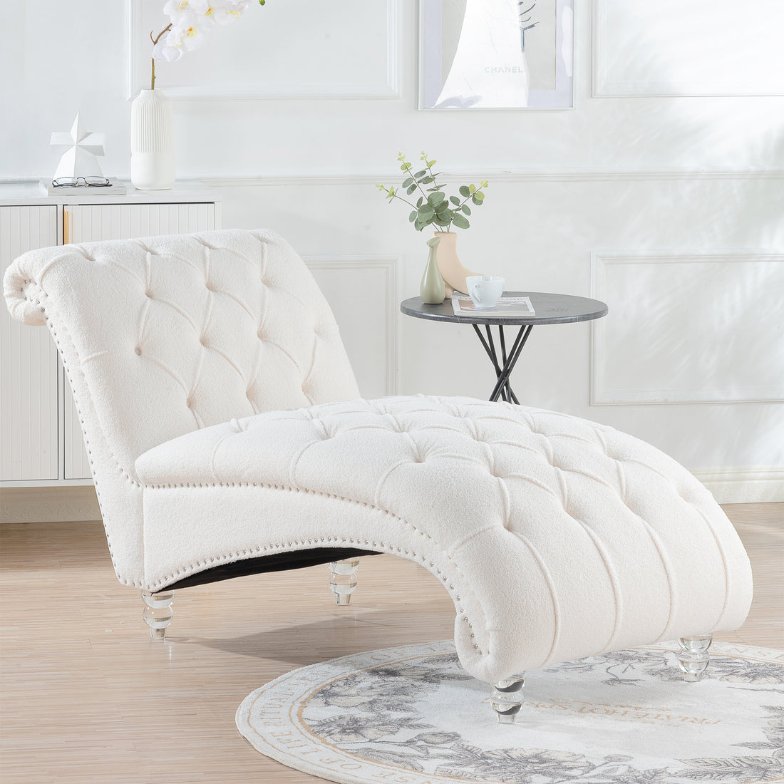 Tufted Armless Chaise Lounge White Fabric