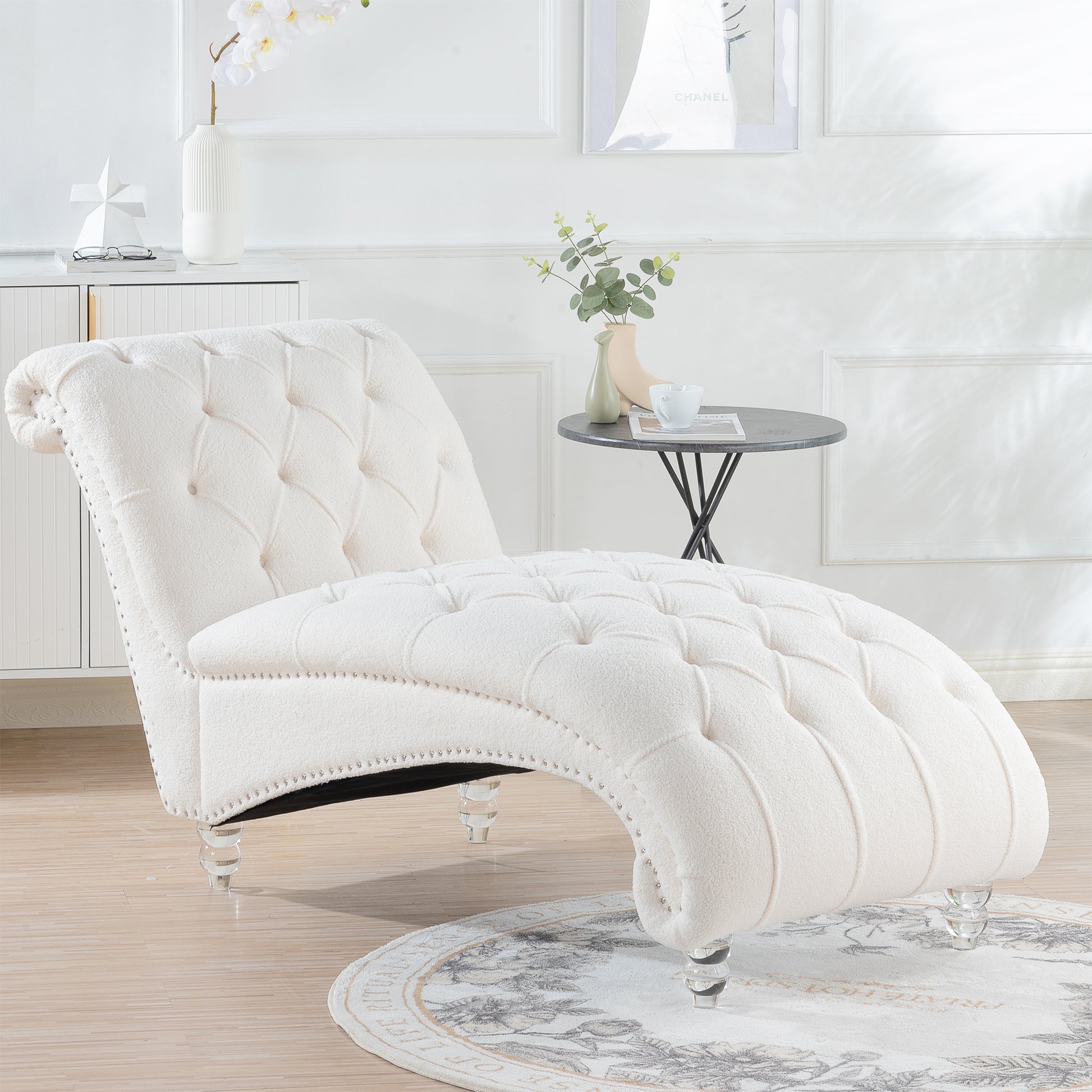 Tufted Armless Chaise Lounge White Fabric