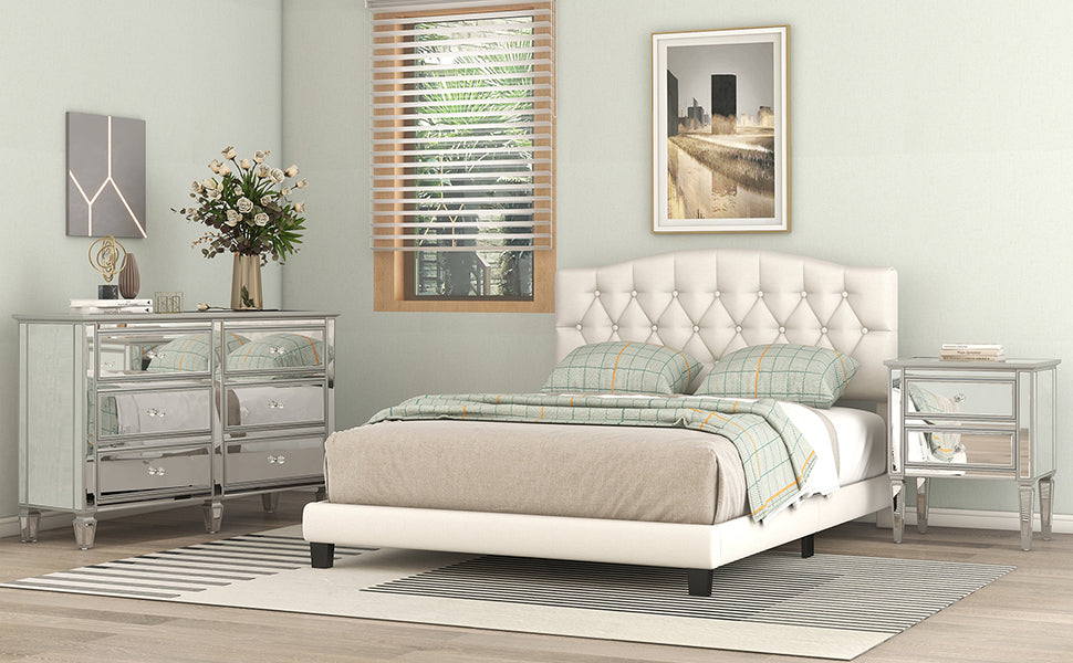 Upholstered Platform Bed with Saddle Curved Headboard beige-linen