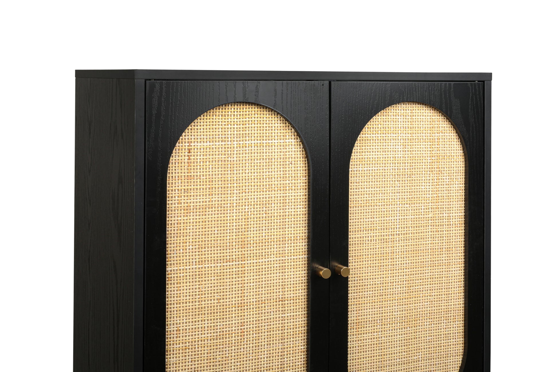 2 Door High Cabinet,Natural Rattan 2 Door High Cabinet, Built In Adjustable Shelf, Easy Assembly, Free Standing Cabinet For Living Room Bedroom,Hallway Black Particle Board