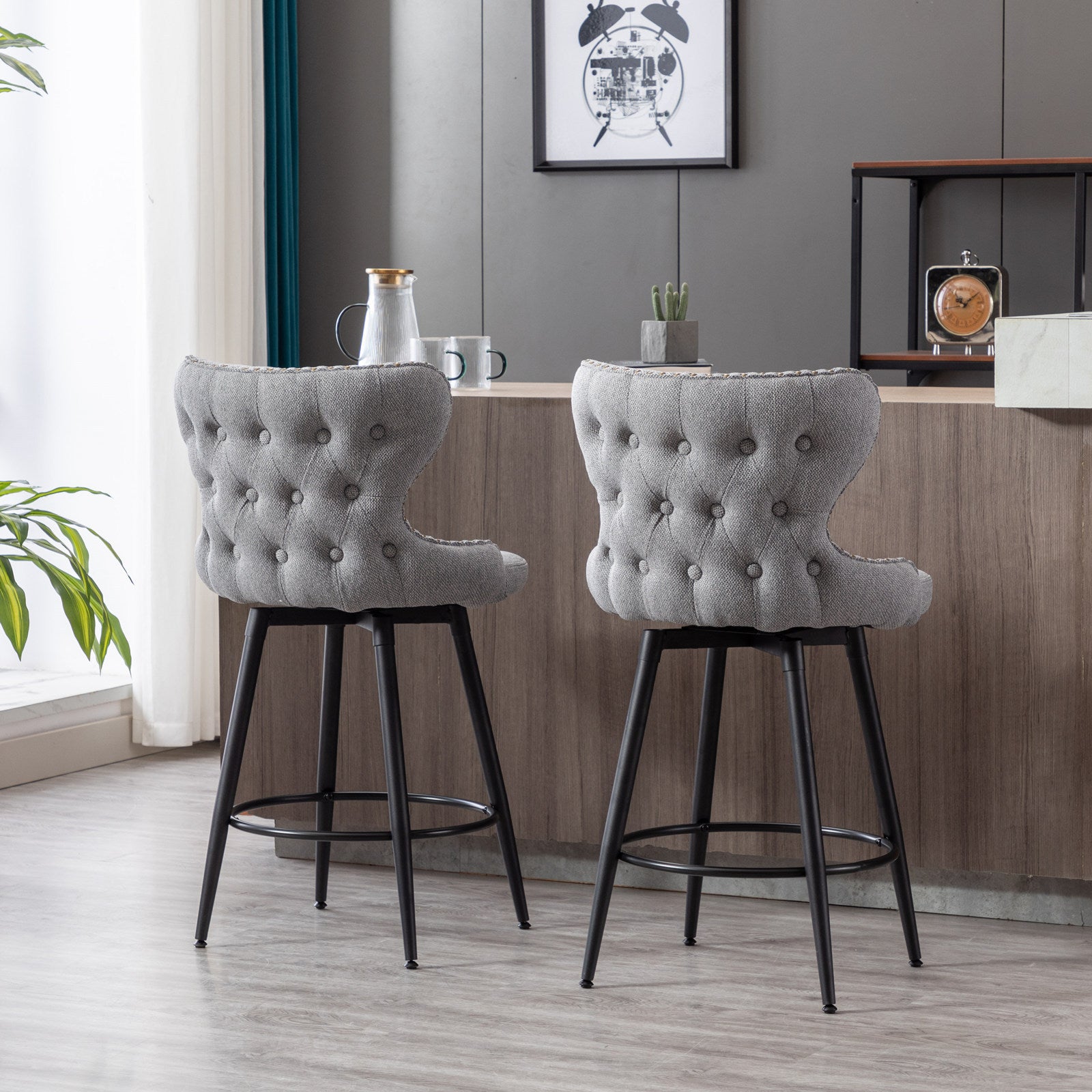 Counter Height 25" Modern Linen Fabric Counter Chairs,180 Swivel Bar Stool Chair For Kitchen,Tufted Cupreous Trim Burlap Bar Stools With Metal Legs,Set Of 2 Gray Gray Foam Fabric