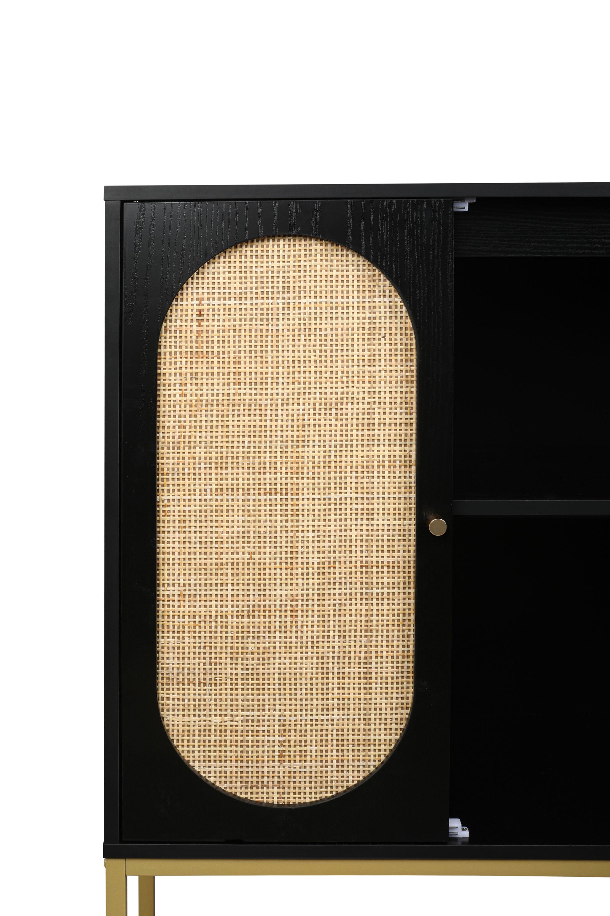 2 Door High Cabinet,Natural Rattan 2 Door High Cabinet, Built In Adjustable Shelf, Easy Assembly, Free Standing Cabinet For Living Room Bedroom,Hallway Black Particle Board