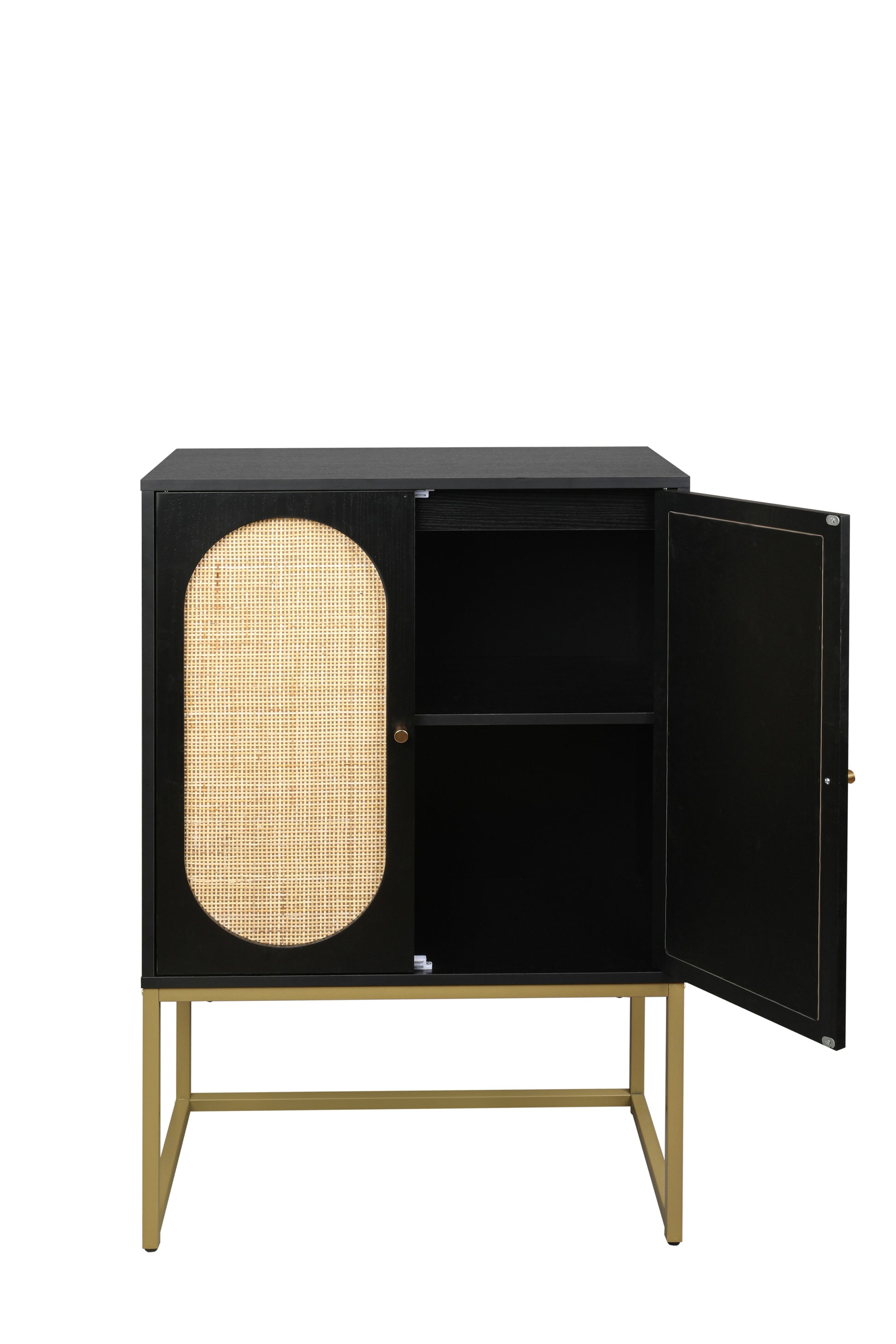 2 Door High Cabinet,Natural Rattan 2 Door High Cabinet, Built In Adjustable Shelf, Easy Assembly, Free Standing Cabinet For Living Room Bedroom,Hallway Black Particle Board