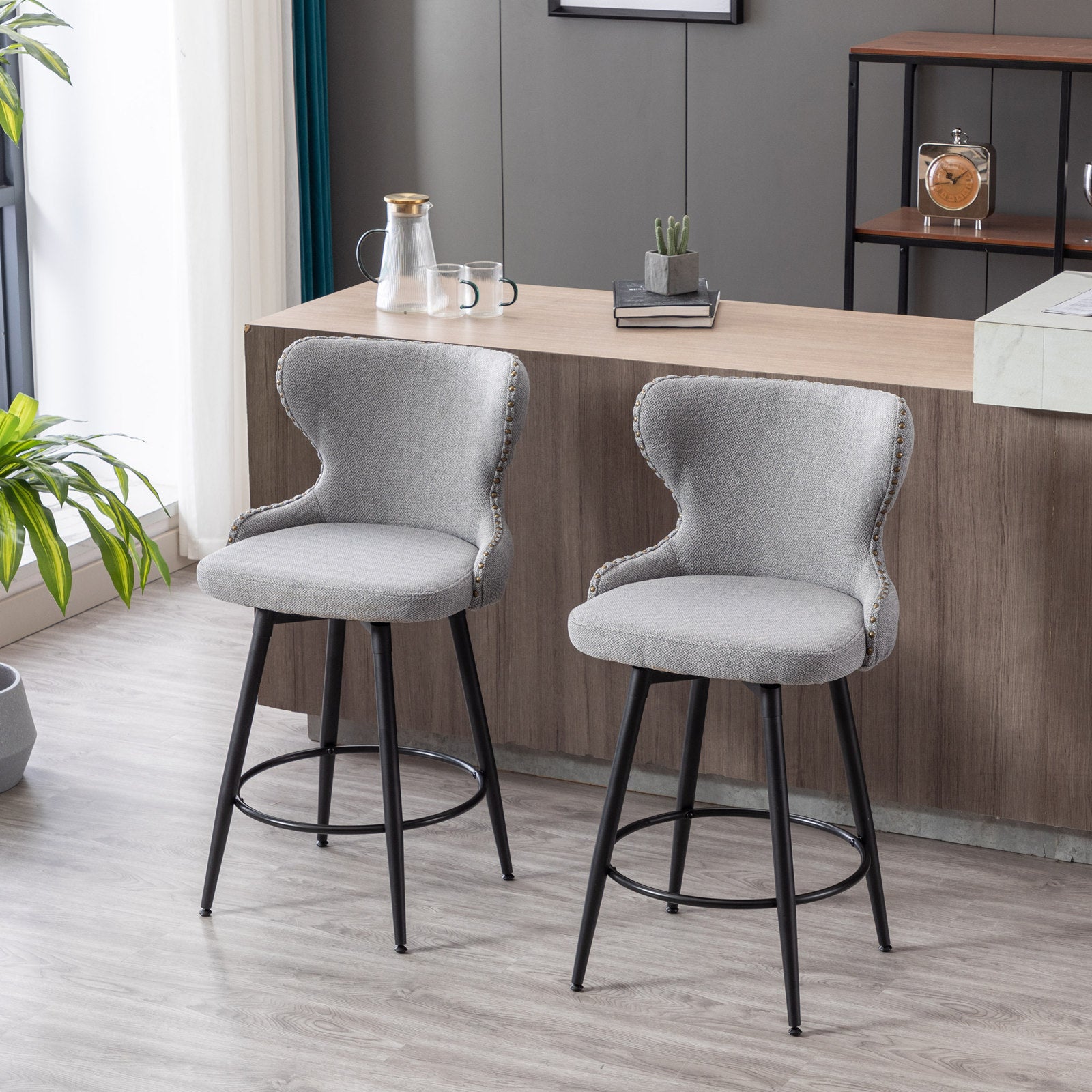 Counter Height 25" Modern Linen Fabric Counter Chairs,180 Swivel Bar Stool Chair For Kitchen,Tufted Cupreous Trim Burlap Bar Stools With Metal Legs,Set Of 2 Gray Gray Foam Fabric