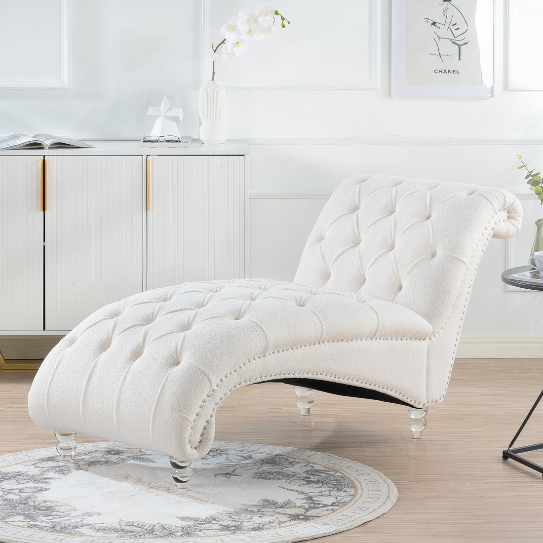 Tufted Armless Chaise Lounge White Fabric