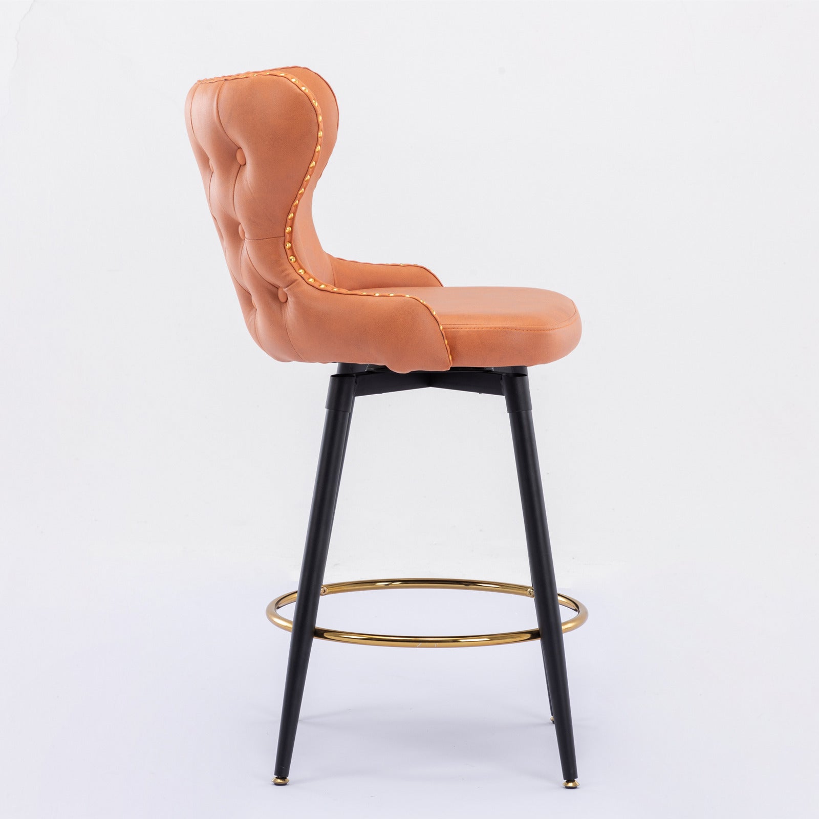 Counter Height 25" Modern Leathaire Fabric Bar Chairs,180 Swivel Bar Stool Chair For Kitchen,Tufted Gold Trim Bar Stools With Metal Legs,Set Of 2 Orange Orange Foam Fabric