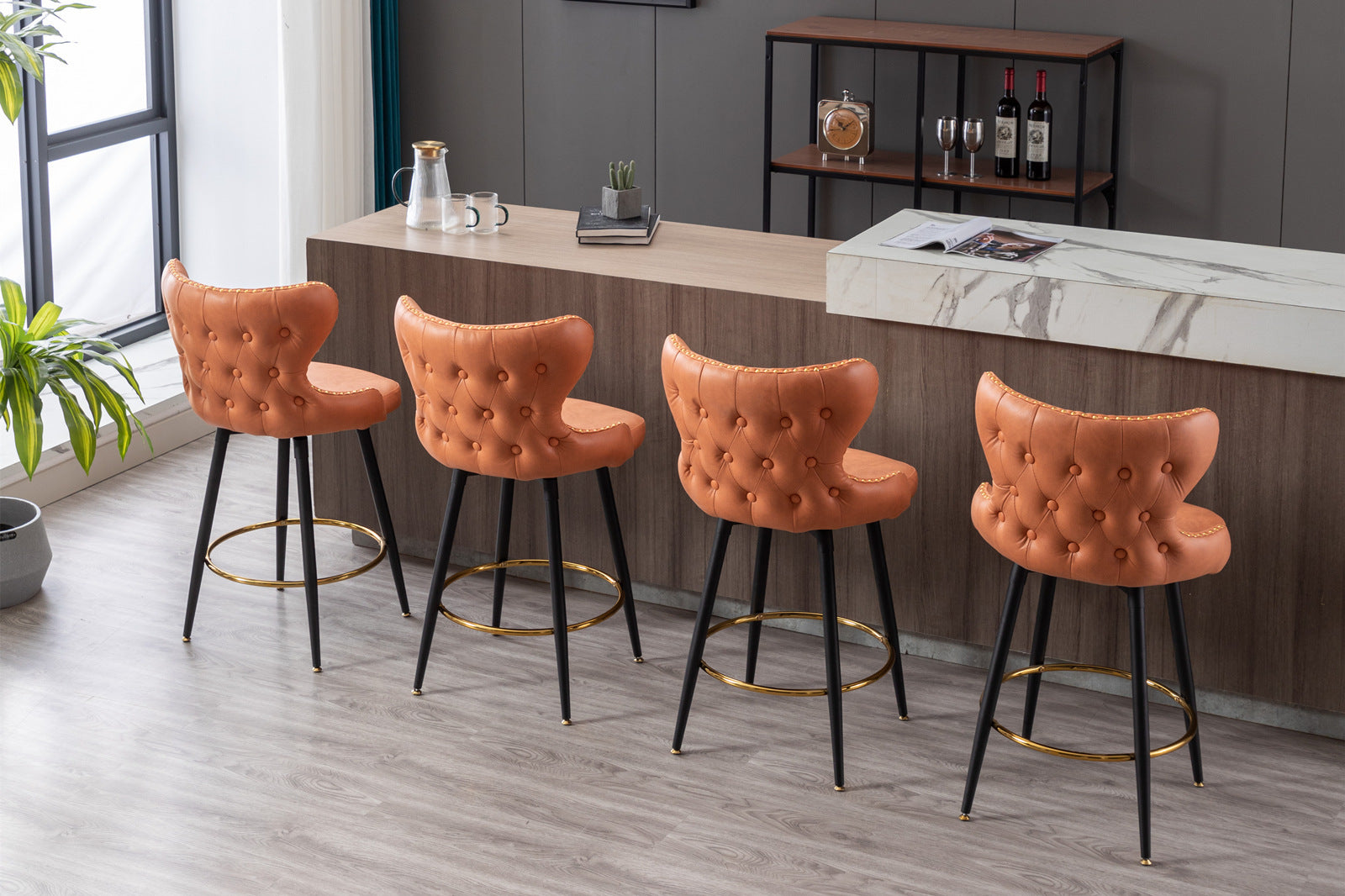 Counter Height 25" Modern Leathaire Fabric Bar Chairs,180 Swivel Bar Stool Chair For Kitchen,Tufted Gold Trim Bar Stools With Metal Legs,Set Of 2 Orange Orange Foam Fabric