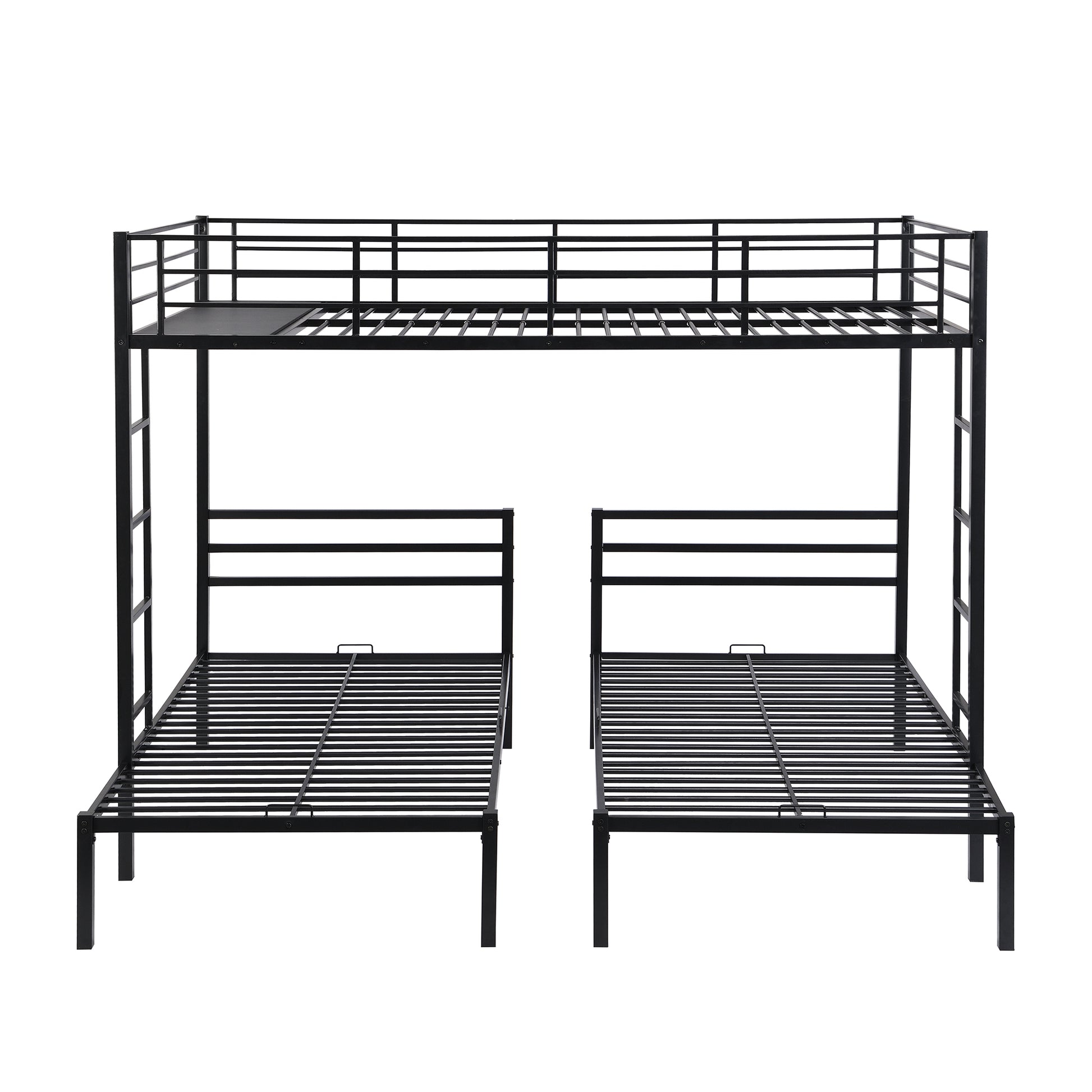 Full Over Twin&Twin Size Bunk Bed With Built In Shelf, Black Full Black Metal