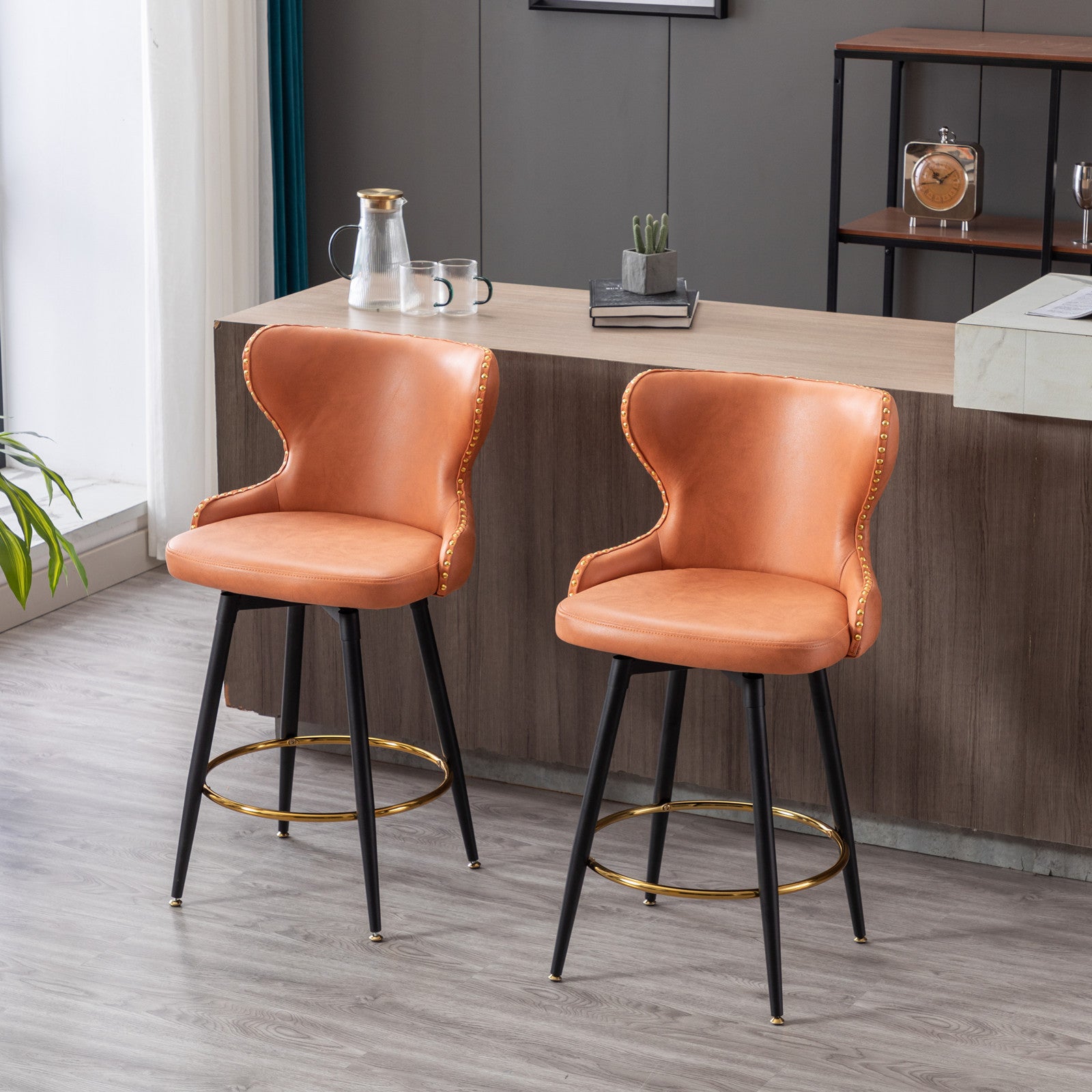 Counter Height 25" Modern Leathaire Fabric Bar Chairs,180 Swivel Bar Stool Chair For Kitchen,Tufted Gold Trim Bar Stools With Metal Legs,Set Of 2 Orange Orange Foam Fabric