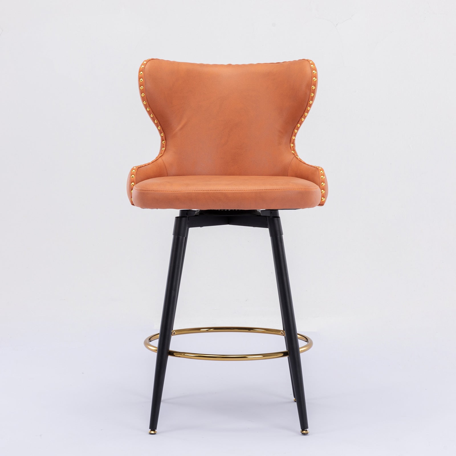 Counter Height 25" Modern Leathaire Fabric Bar Chairs,180 Swivel Bar Stool Chair For Kitchen,Tufted Gold Trim Bar Stools With Metal Legs,Set Of 2 Orange Orange Foam Fabric