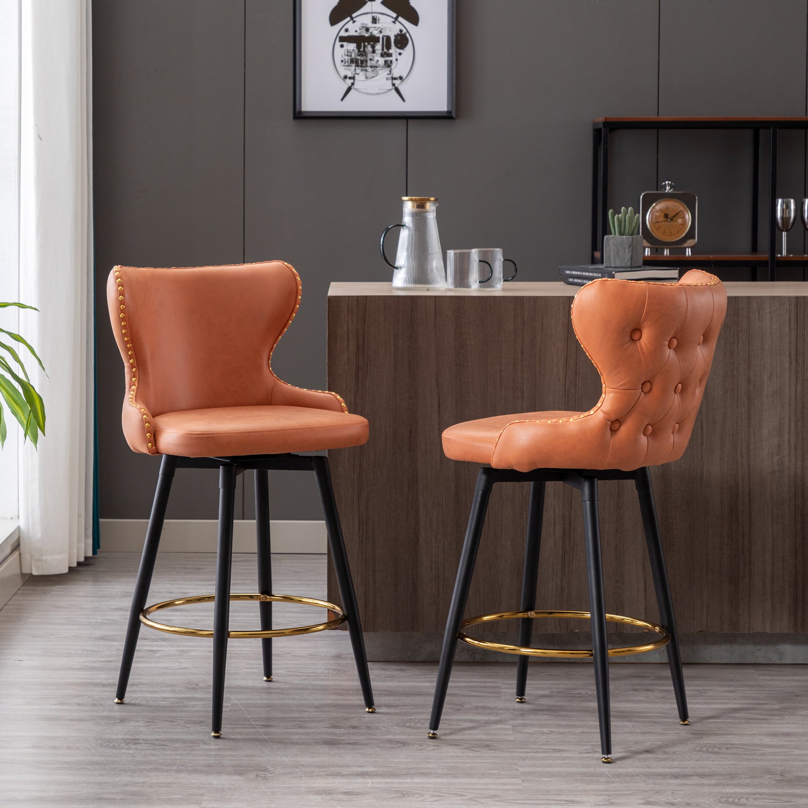 Counter Height 25" Modern Leathaire Fabric Bar Chairs,180 Swivel Bar Stool Chair For Kitchen,Tufted Gold Trim Bar Stools With Metal Legs,Set Of 2 Orange Orange Foam Fabric