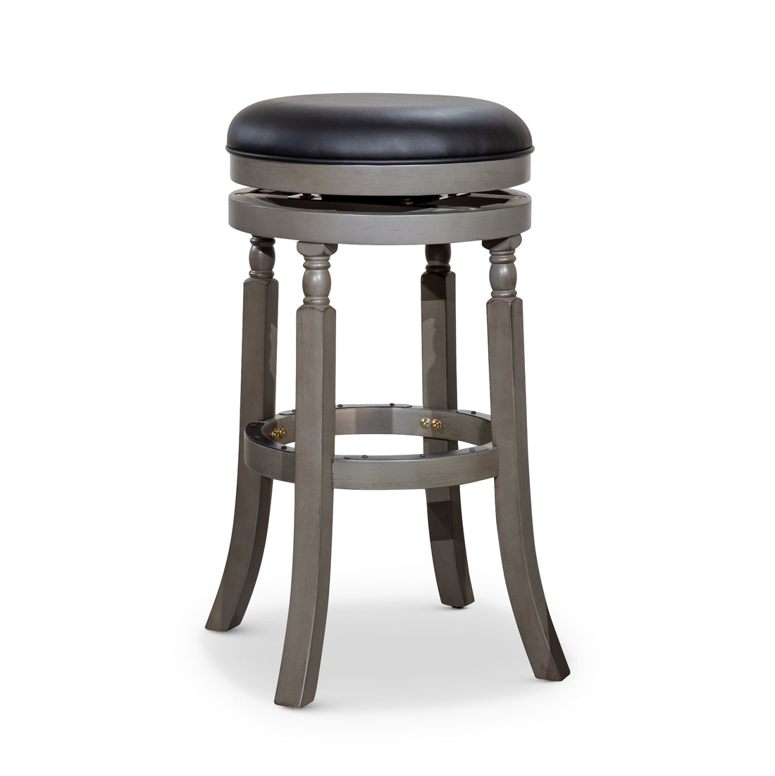 30" Bar Stool, Weathered Gray Finish, Black Leather Seat Gray Bonded Leather