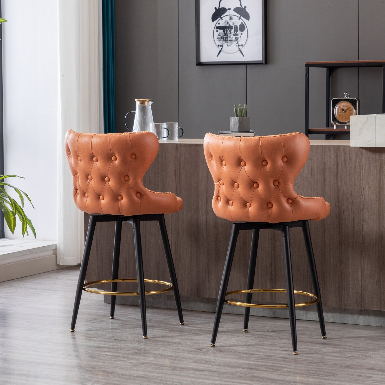 Counter Height 25" Modern Leathaire Fabric Bar Chairs,180 Swivel Bar Stool Chair For Kitchen,Tufted Gold Trim Bar Stools With Metal Legs,Set Of 2 Orange Orange Foam Fabric