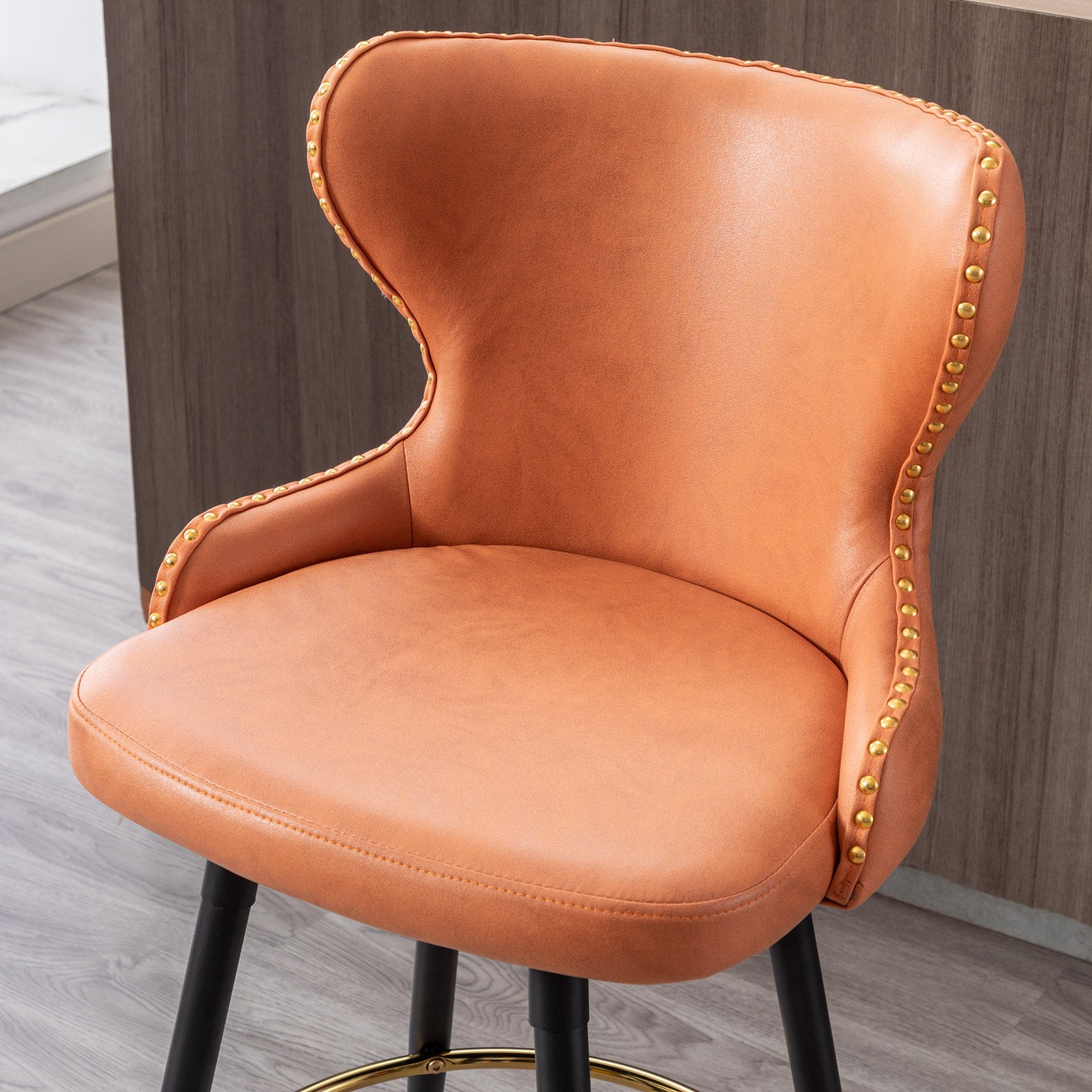 Counter Height 25" Modern Leathaire Fabric Bar Chairs,180 Swivel Bar Stool Chair For Kitchen,Tufted Gold Trim Bar Stools With Metal Legs,Set Of 2 Orange Orange Foam Fabric