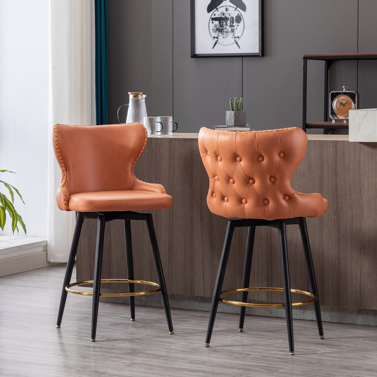 Counter Height 25" Modern Leathaire Fabric Bar Chairs,180 Swivel Bar Stool Chair For Kitchen,Tufted Gold Trim Bar Stools With Metal Legs,Set Of 2 Orange Orange Foam Fabric