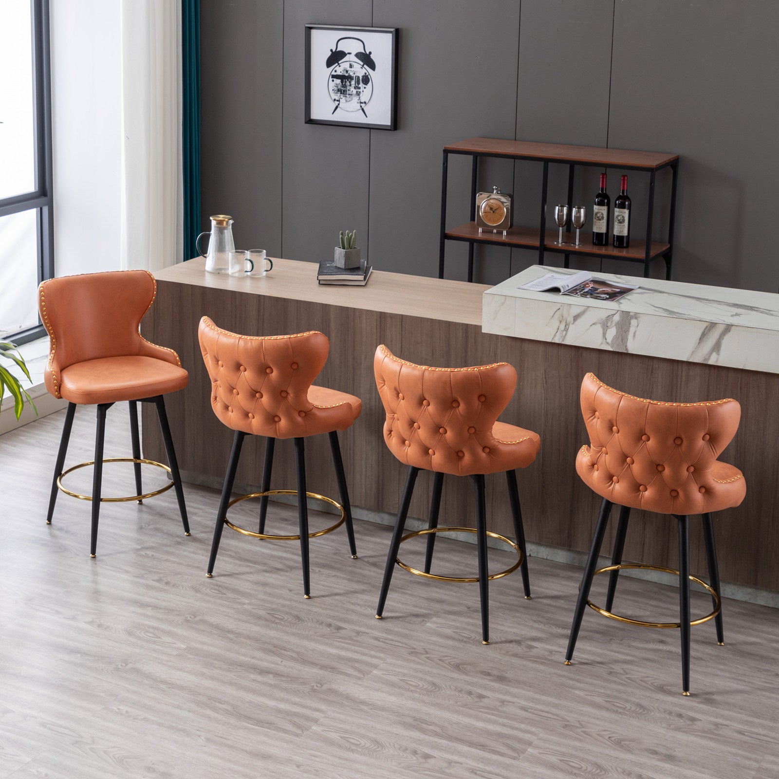 Counter Height 25" Modern Leathaire Fabric Bar Chairs,180 Swivel Bar Stool Chair For Kitchen,Tufted Gold Trim Bar Stools With Metal Legs,Set Of 2 Orange Orange Foam Fabric