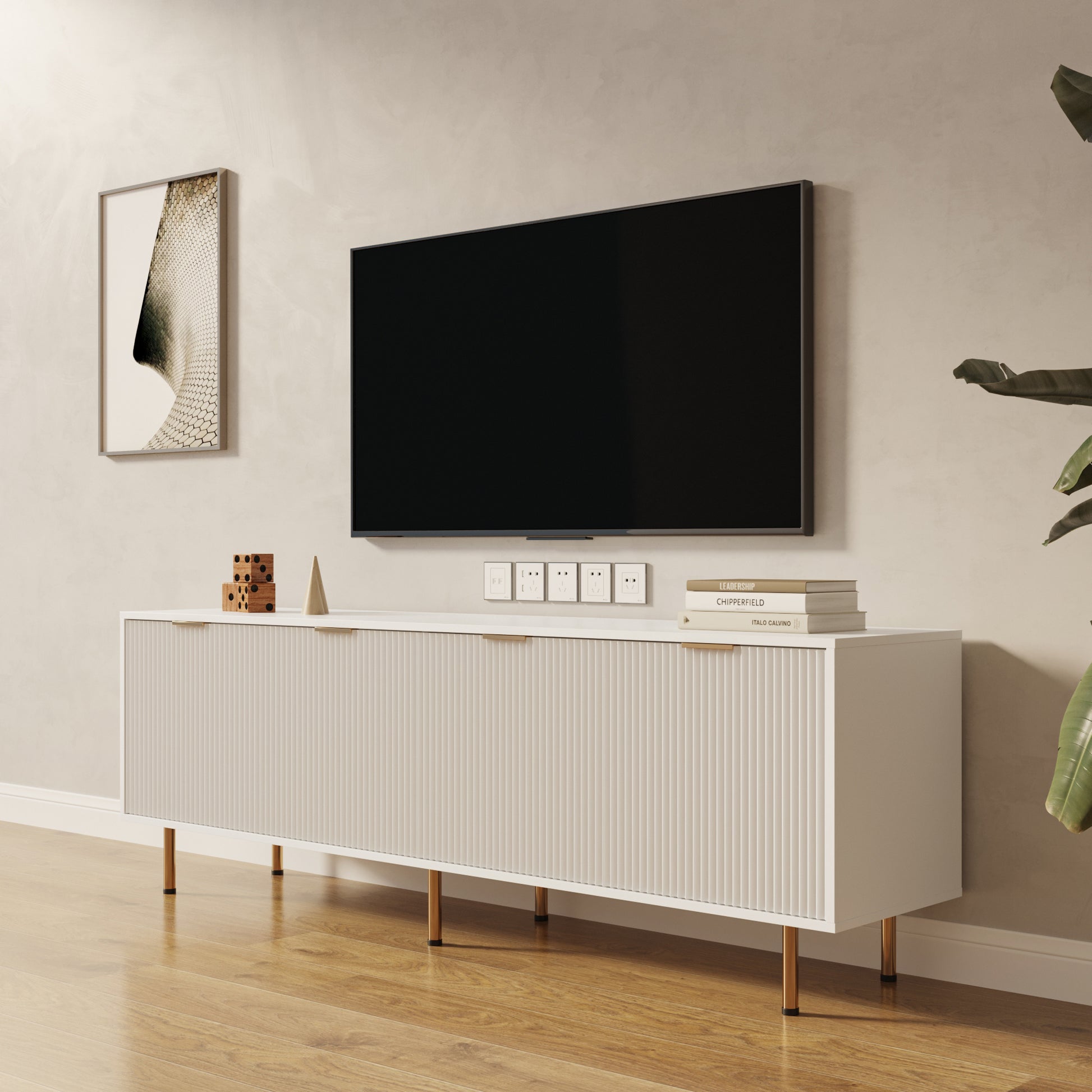 Modern Warm White Tv Cabinet For 80 Inch Tv Stands, For Living Room Bedroom White Mdf