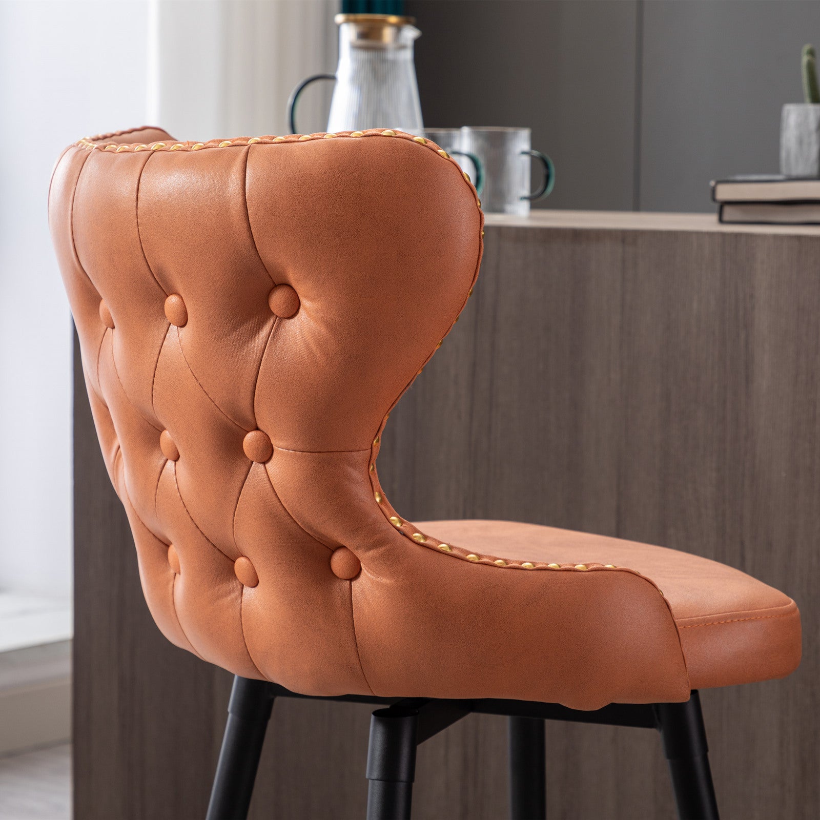 Counter Height 25" Modern Leathaire Fabric Bar Chairs,180 Swivel Bar Stool Chair For Kitchen,Tufted Gold Trim Bar Stools With Metal Legs,Set Of 2 Orange Orange Foam Fabric