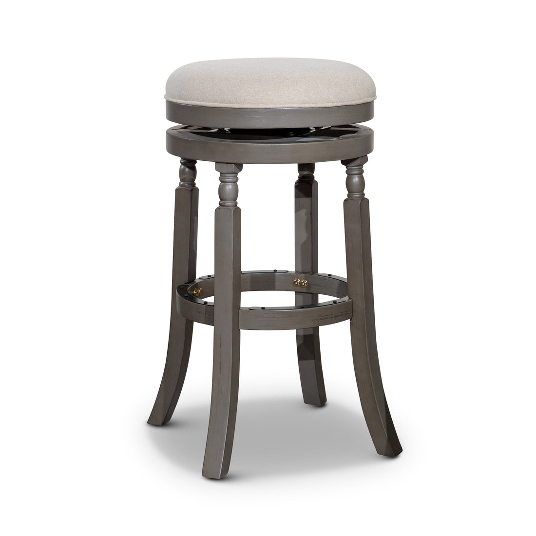 30" Bar Stool, Weathered Gray Finish, Beige Fabric Seat Gray Fabric