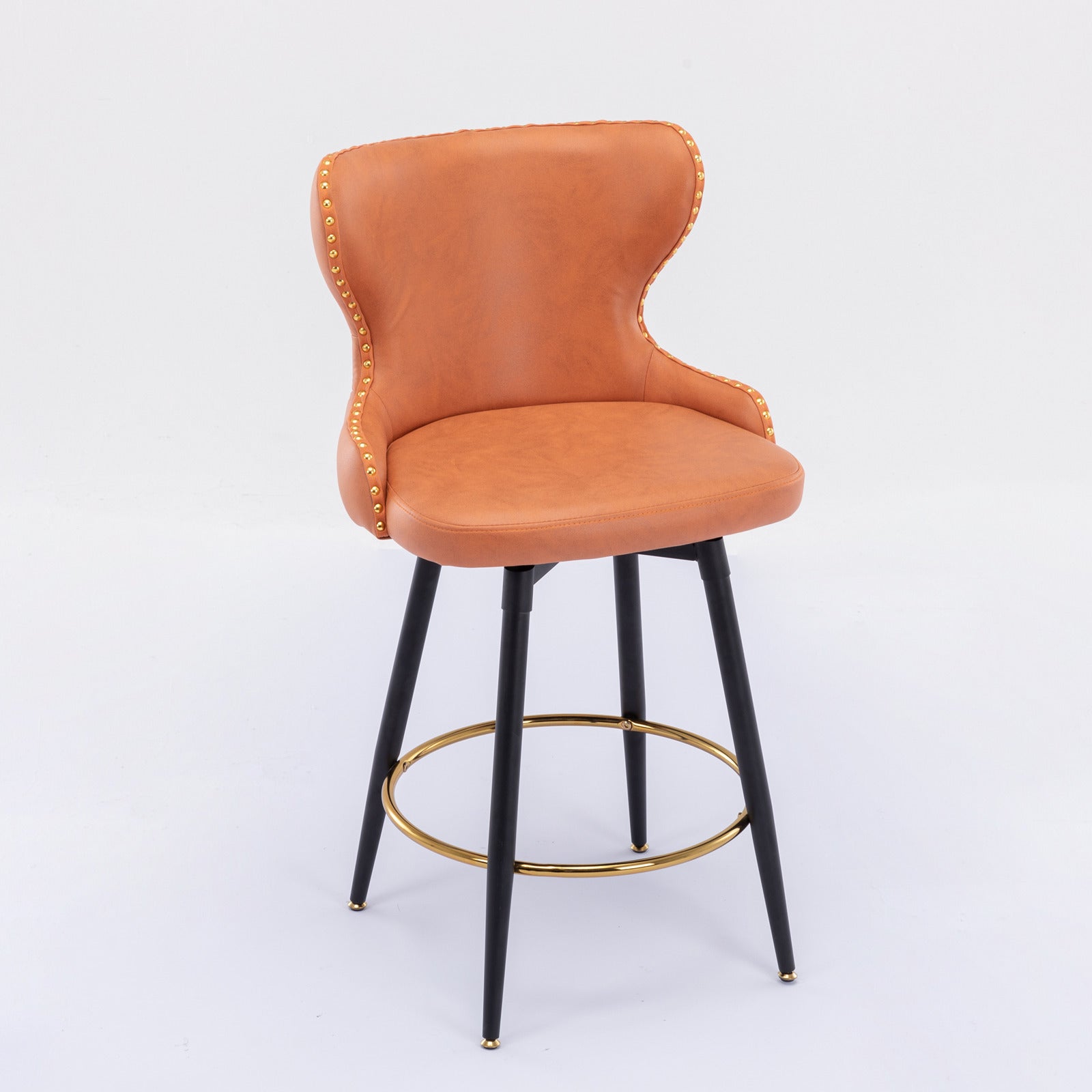 Counter Height 25" Modern Leathaire Fabric Bar Chairs,180 Swivel Bar Stool Chair For Kitchen,Tufted Gold Trim Bar Stools With Metal Legs,Set Of 2 Orange Orange Foam Fabric