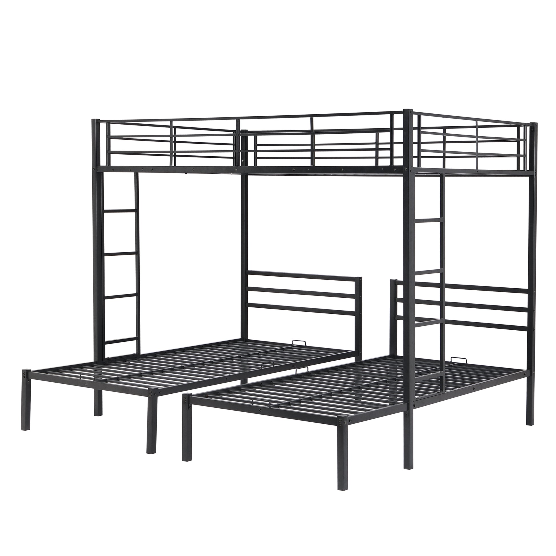 Full Over Twin&Twin Size Bunk Bed With Built In Shelf, Black Full Black Metal